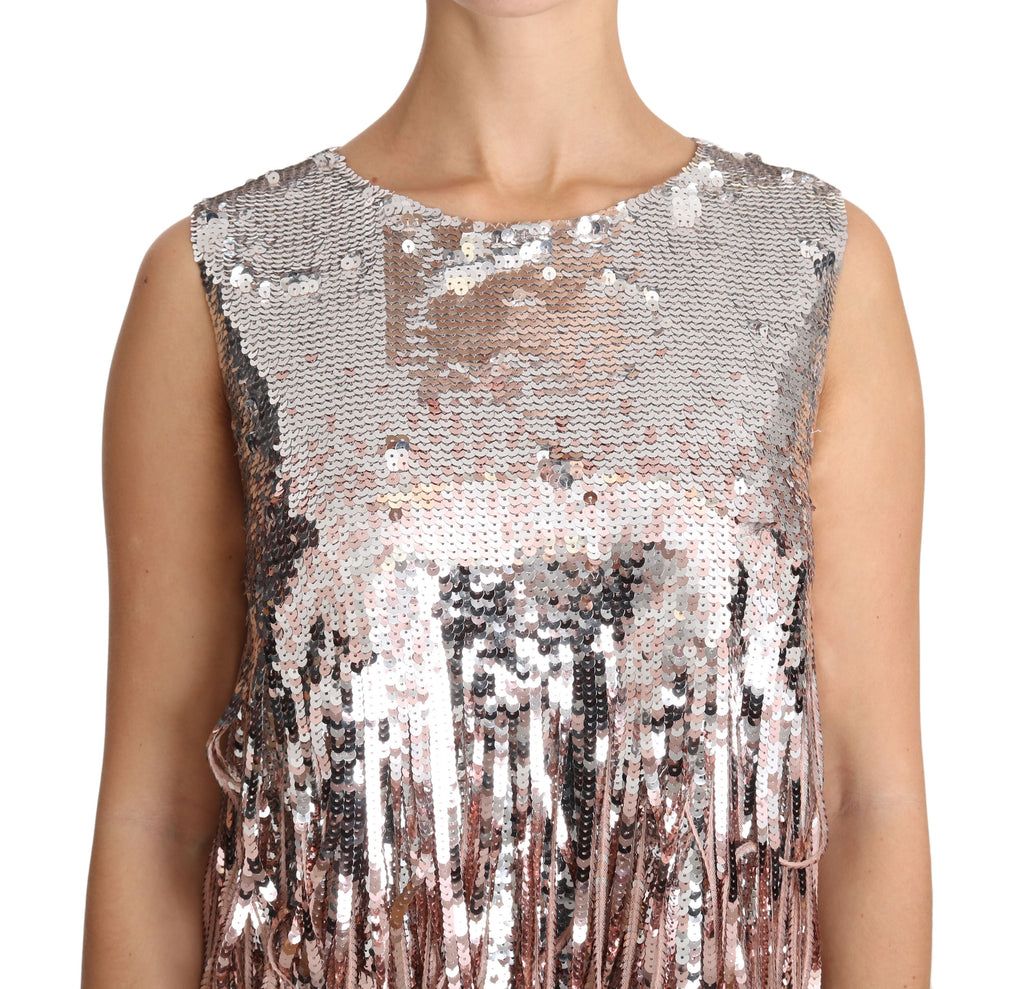 Débardeur Dolce & Gabbana orné de sequins dorés et roses avec franges, vue de face, en tissu brillant et élégant.