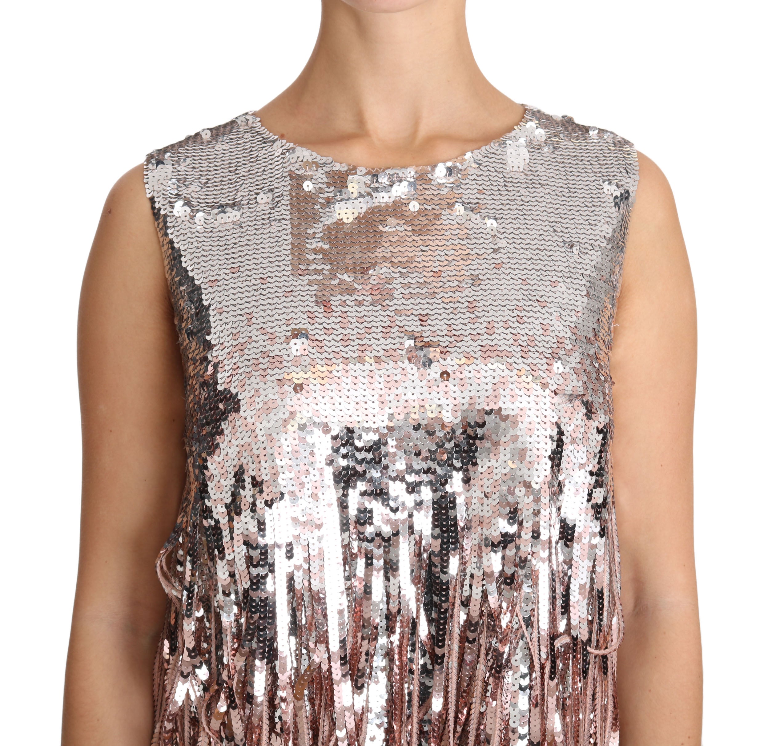 Débardeur Dolce & Gabbana orné de sequins dorés et roses avec franges, vue de face, en tissu brillant et élégant.