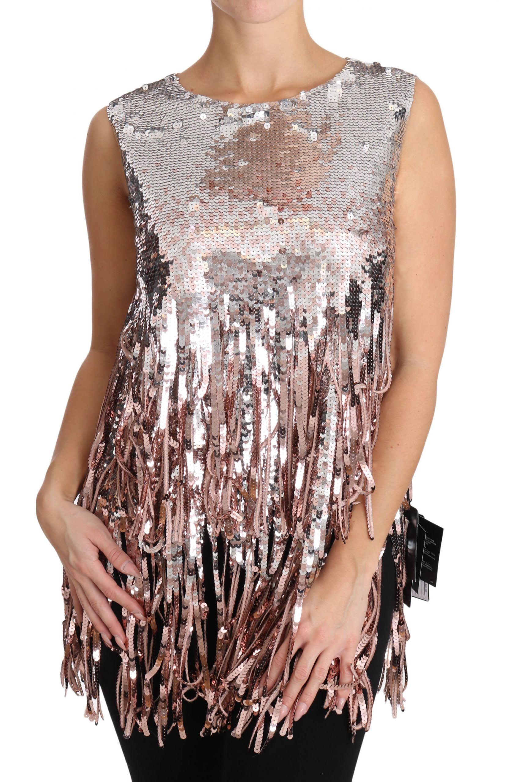 Débardeur Dolce & Gabbana orné de sequins dorés et roses avec franges, style chic et glamour.