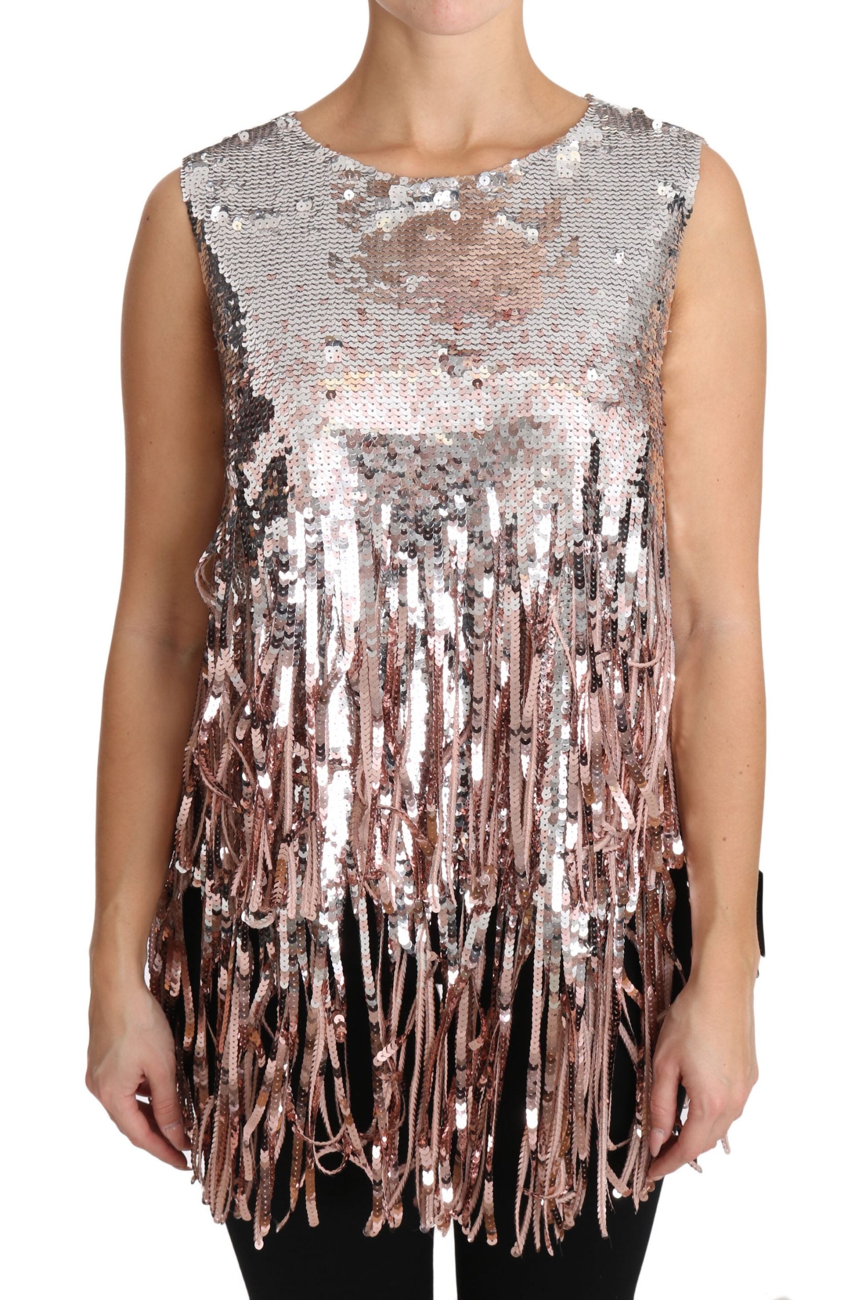 Débardeur Dolce & Gabbana orné de sequins dorés et rose avec franges, style élégant et festif, vue de face.
