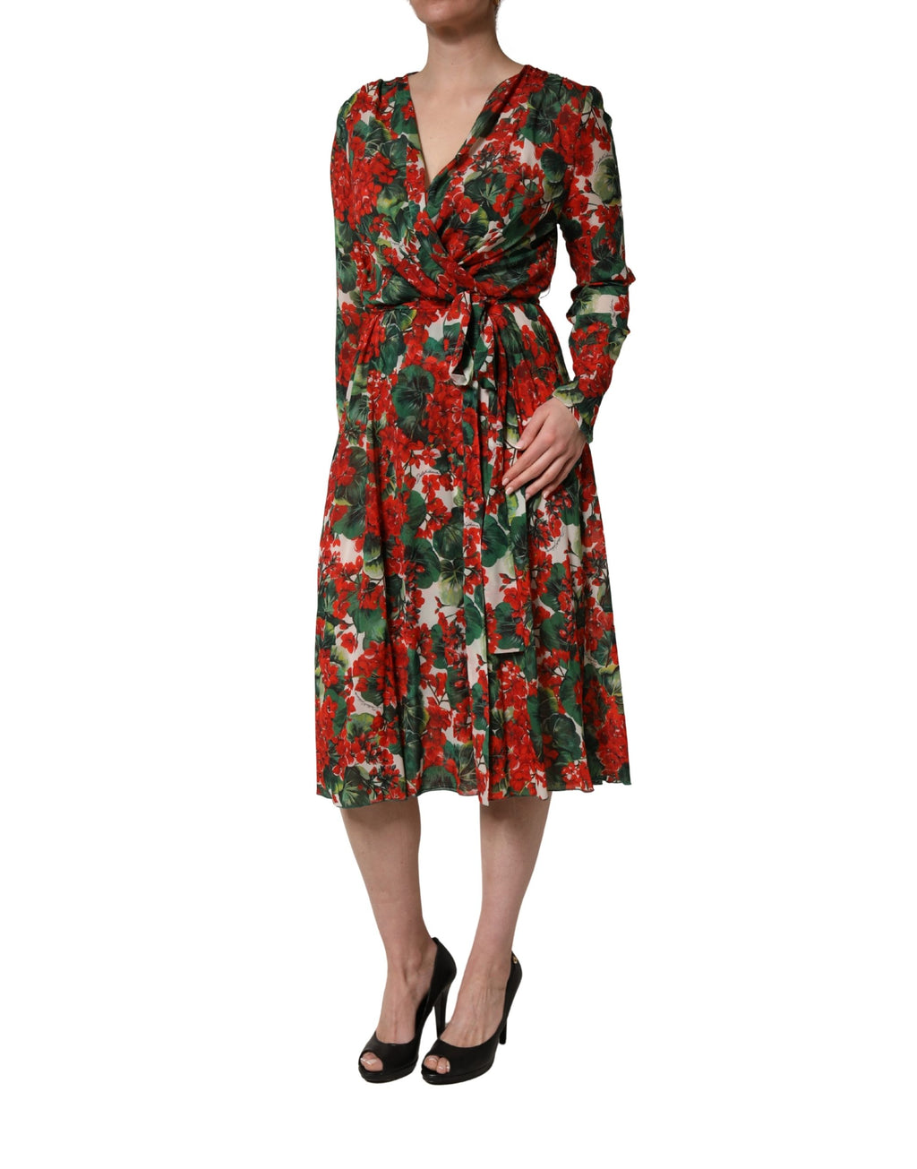 Robe longue à manches longues Dolce & Gabbana à motifs floraux multicolores et décolleté en V.