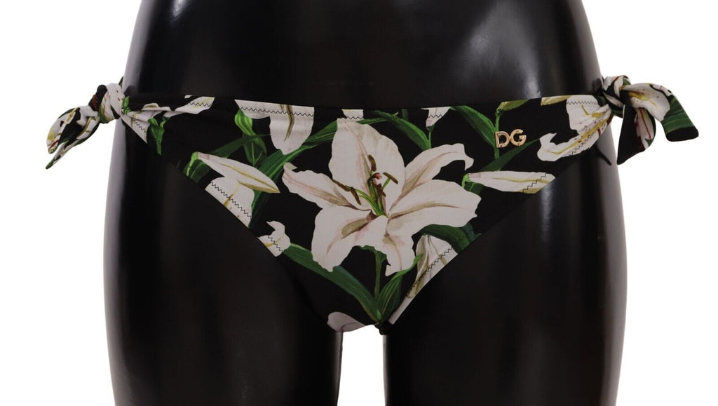 Bas de bikini Dolce & Gabbana noir avec motif floral Lily, maillot de bain élégant pour femmes.