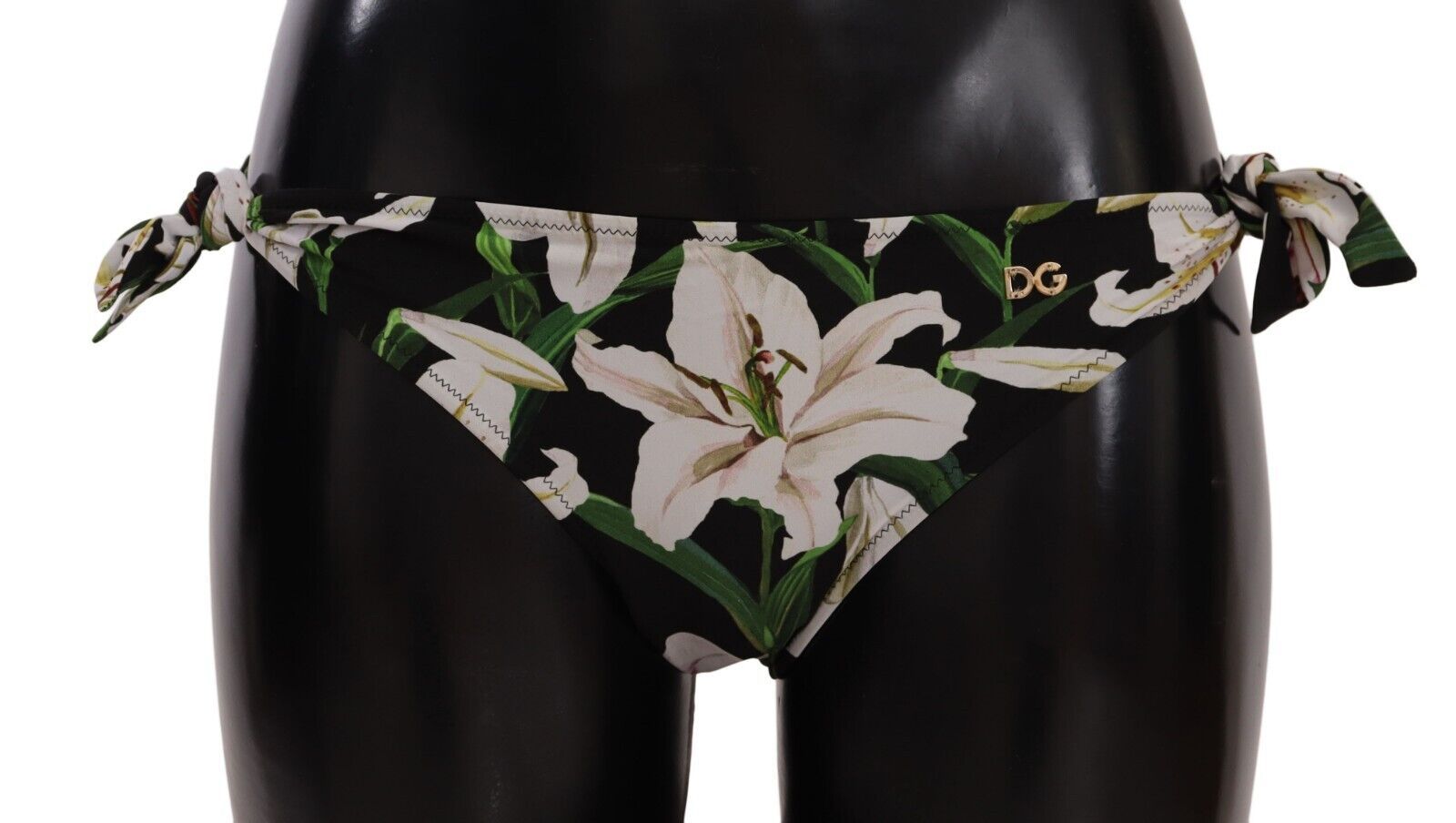 Bas de bikini Dolce & Gabbana noir avec motif floral Lily, maillot de bain élégant pour femmes.