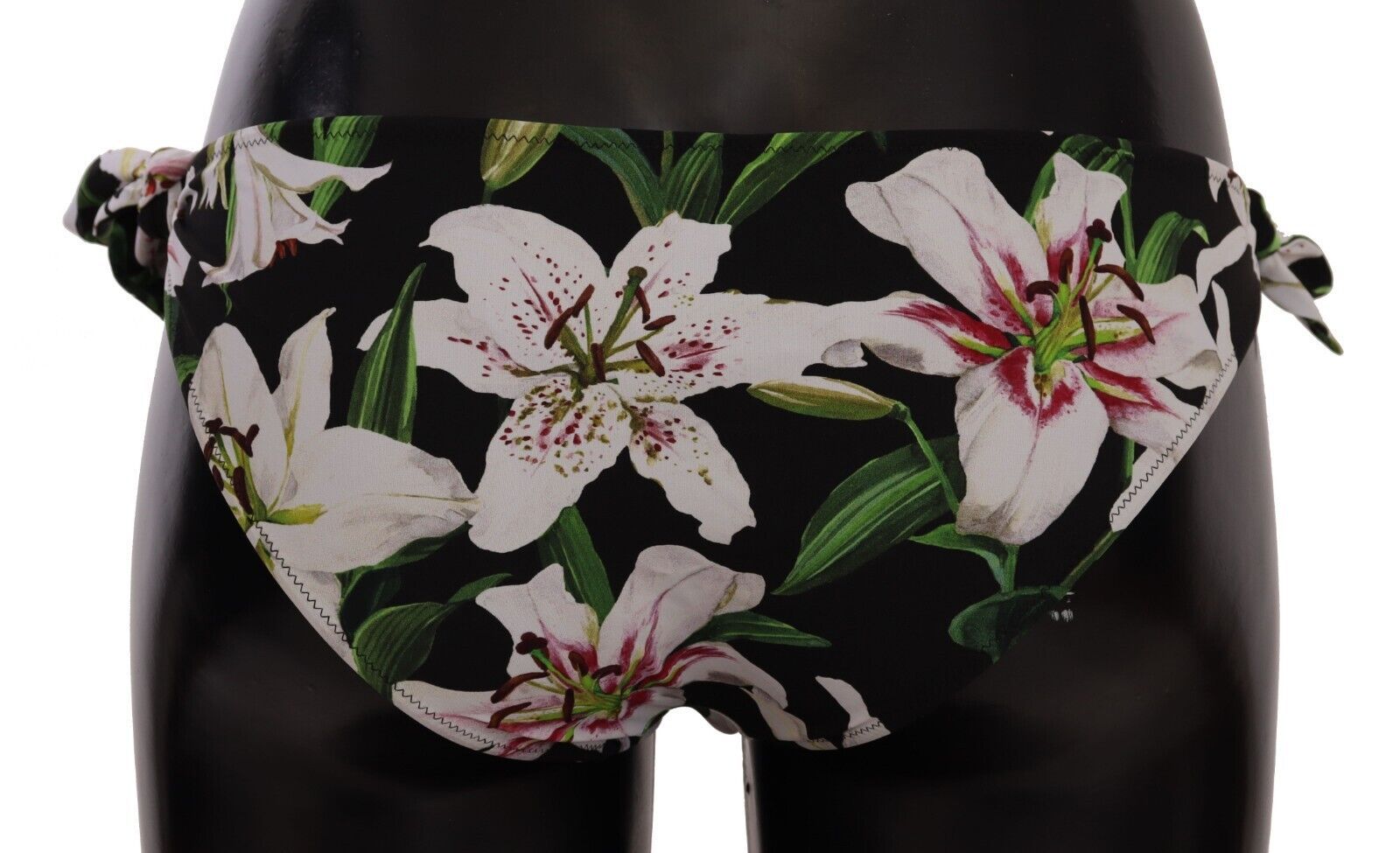 Bas de bikini Dolce & Gabbana noir avec imprimé lys, maillot de bain élégant pour femmes, maillot de bain en tissu léger.