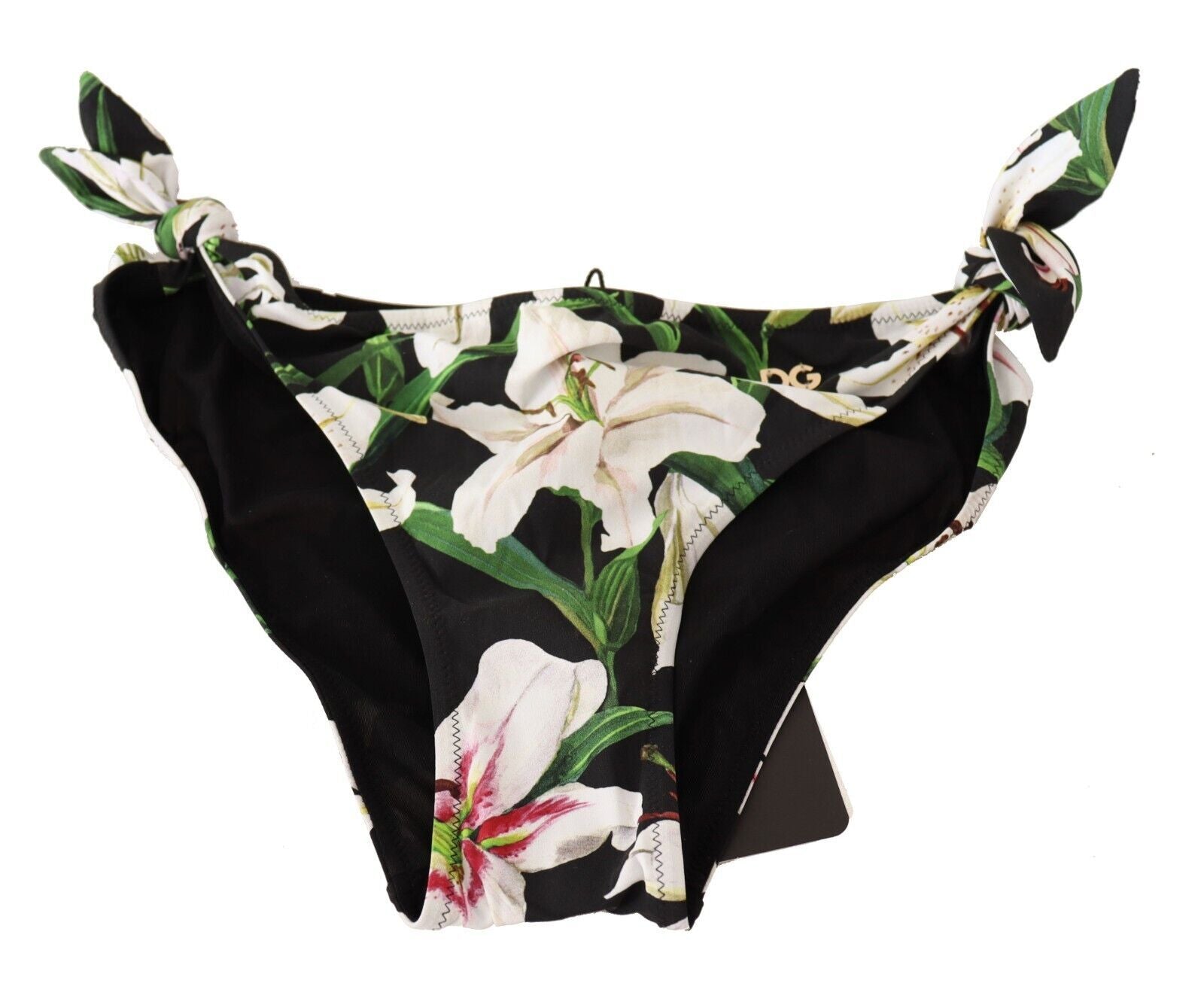 Bas de bikini Dolce & Gabbana noir avec motif de lys, maillot de bain élégant et tendance, pour femmes.