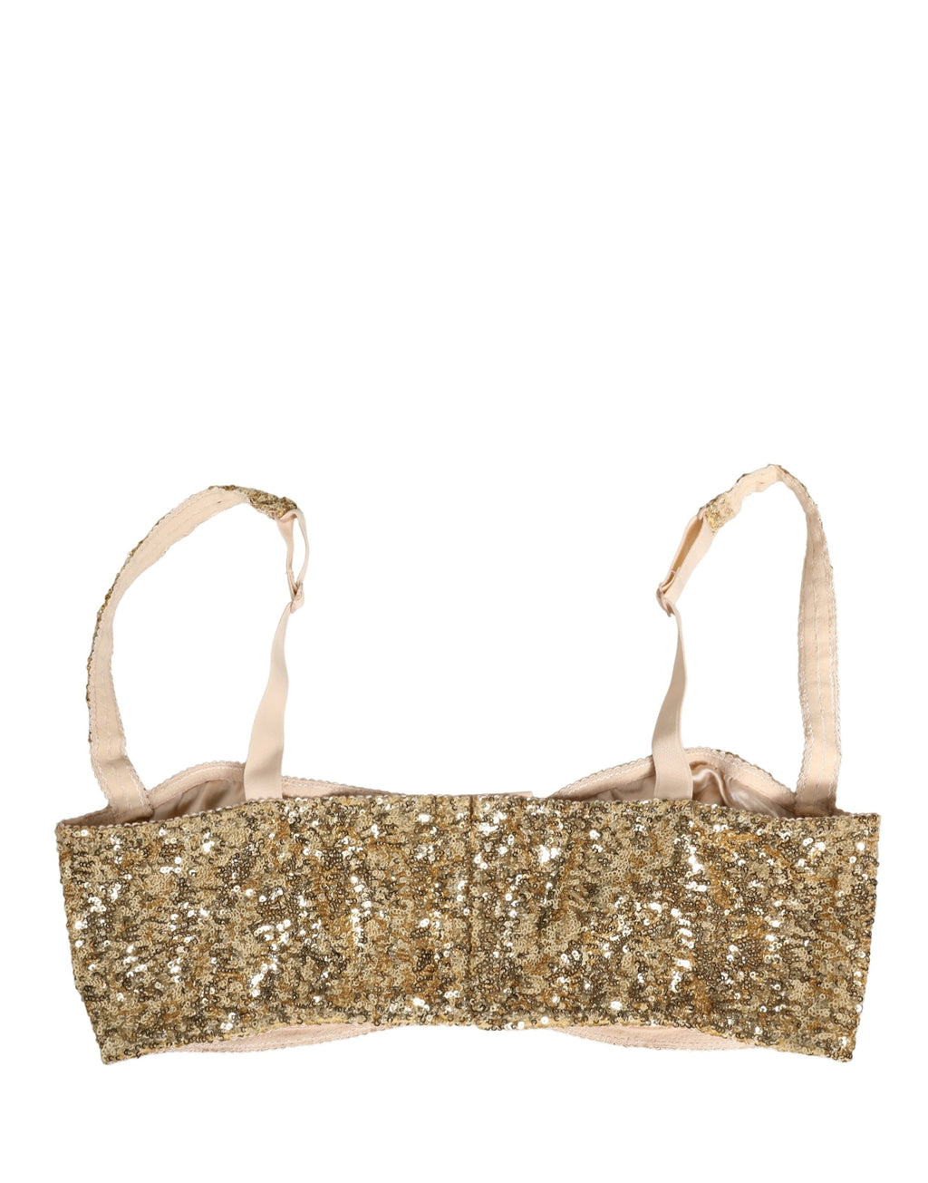 Soutien-gorge Dolce & Gabbana en sequins dorés, avec armatures semi-rembourrées et design élégant, visible en gros plan.
