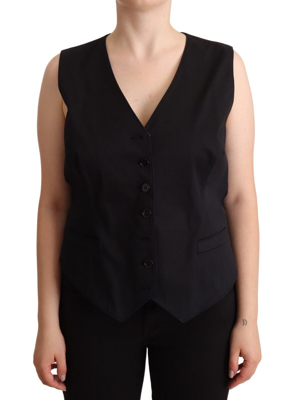 Débardeur noir sans manches Dolce & Gabbana avec boutons, veste ajustée en tissu élégant, vue de face.