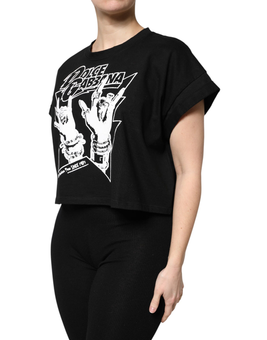T-shirt noir en coton imprimé à manches courtes de Dolce & Gabbana, style élégant avec motif visible.