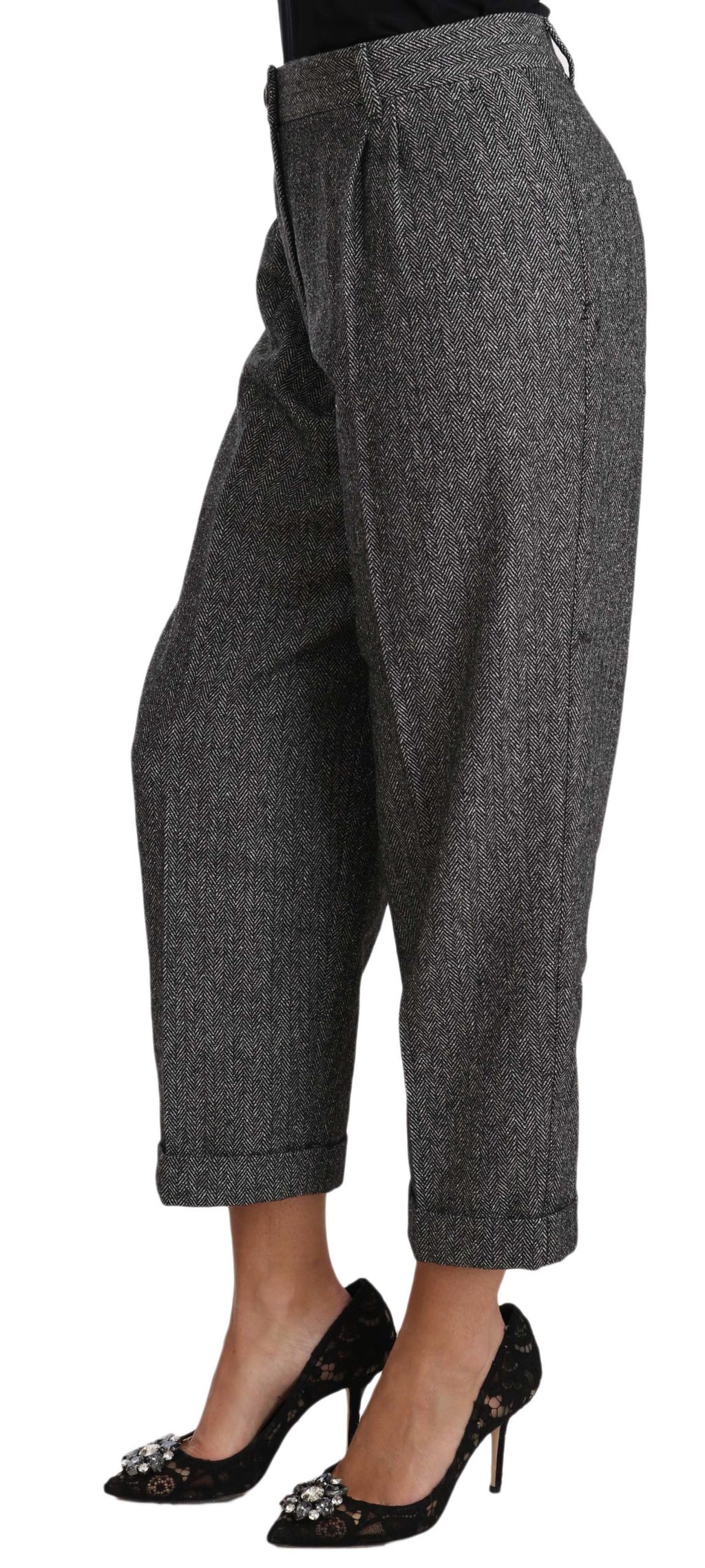 Pantalon cropped gris en laine plissée de Dolce & Gabbana, pantalon élégant pour femme.