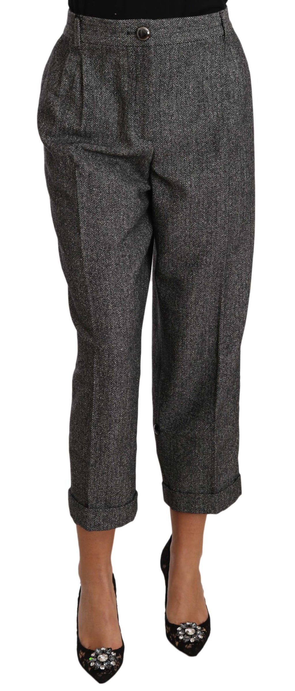 Pantalon cropped en laine grise plissée de Dolce & Gabbana, pantalon élégant pour femme, vue de face.
