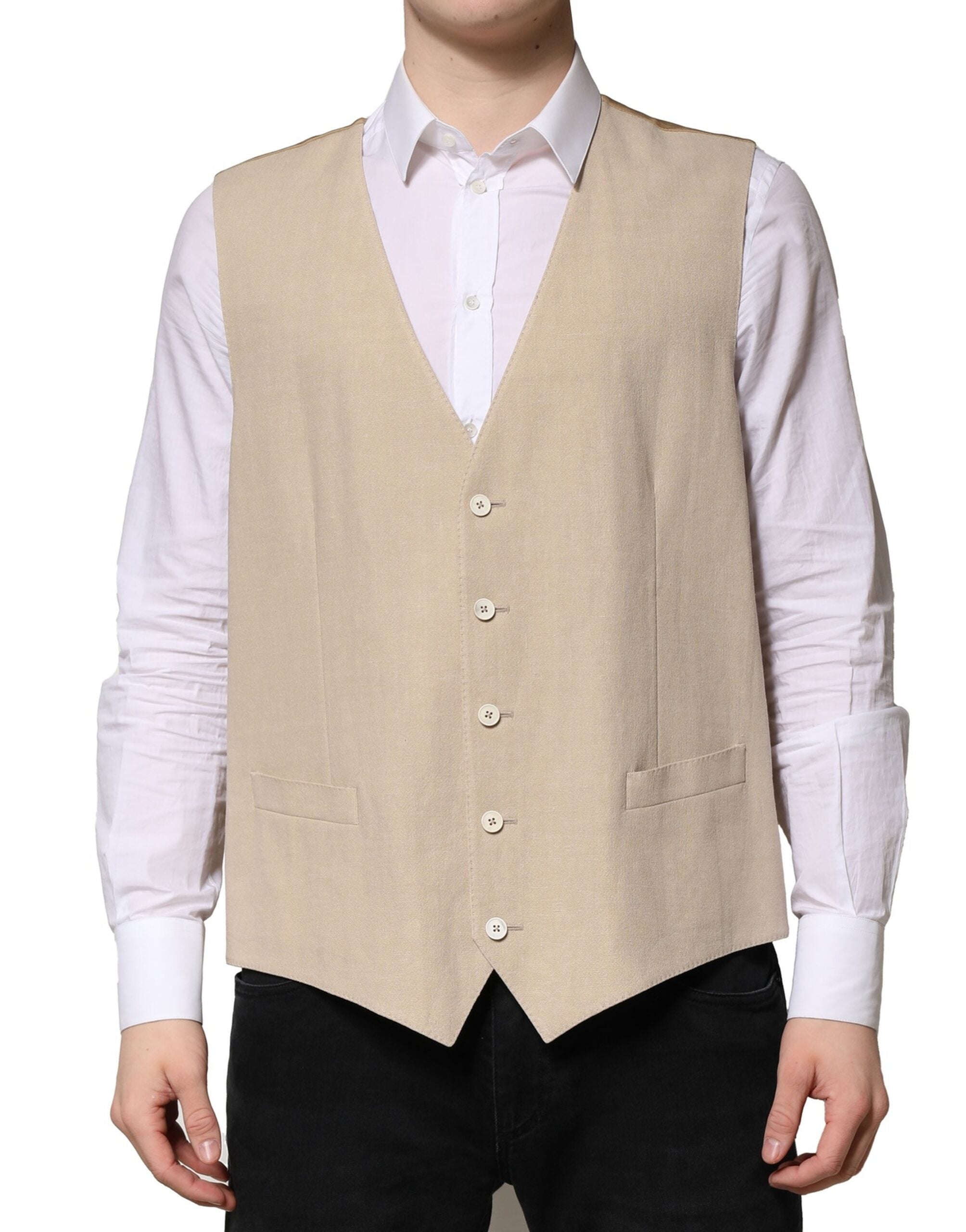 Gilet beige en lin de la marque Dolce & Gabbana, costume formel pour homme, porté en vue de face sur mannequin.