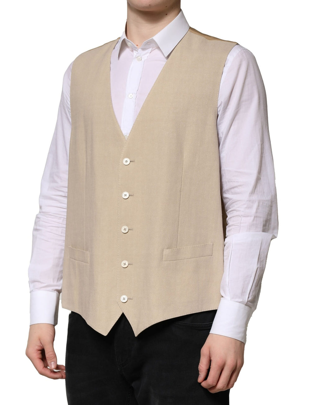 Gilet homme beige en lin Dolce & Gabbana, veste formelle élégante avec détail de mode raffinée.