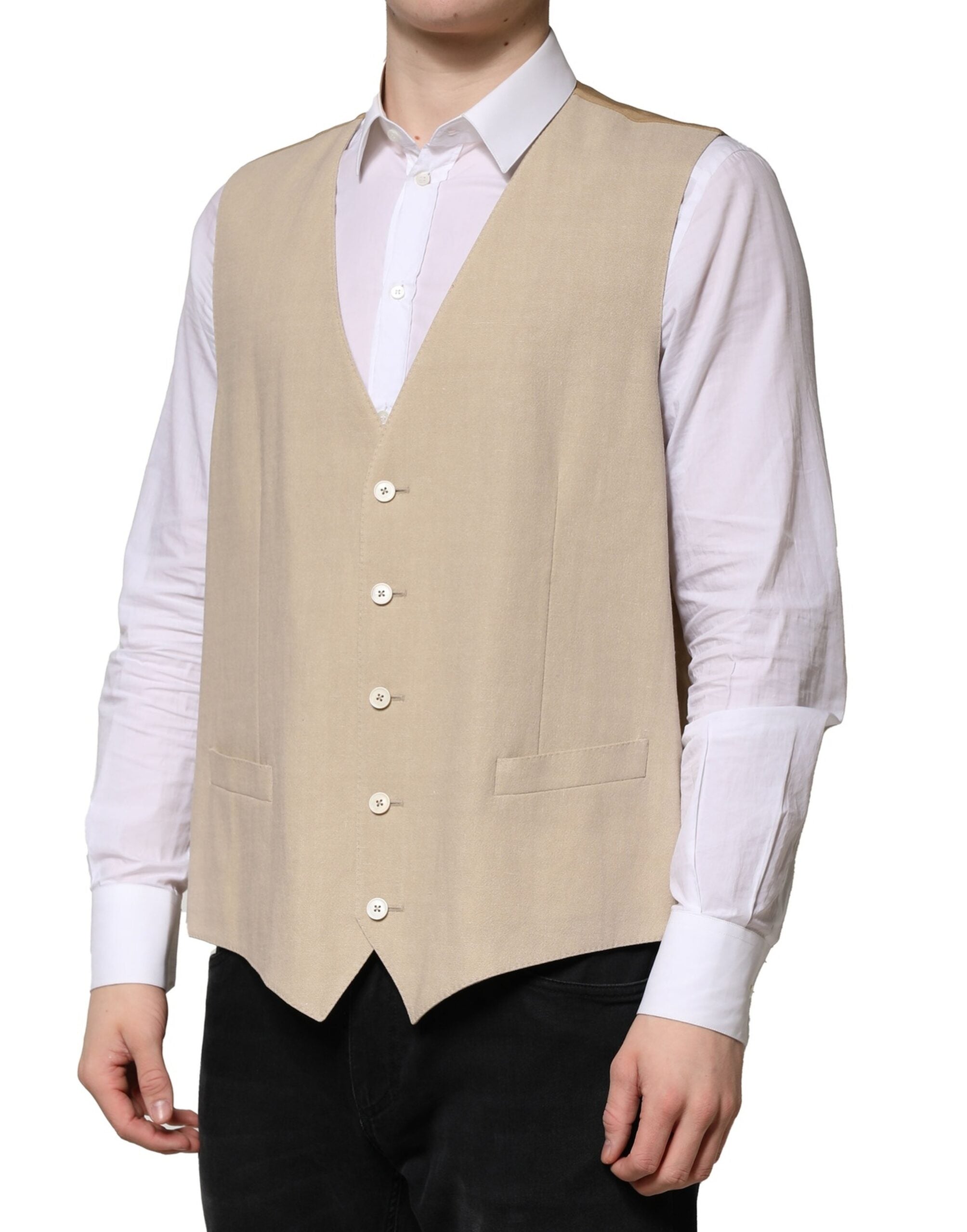 Gilet homme beige en lin Dolce & Gabbana, veste formelle élégante avec détail de mode raffinée.