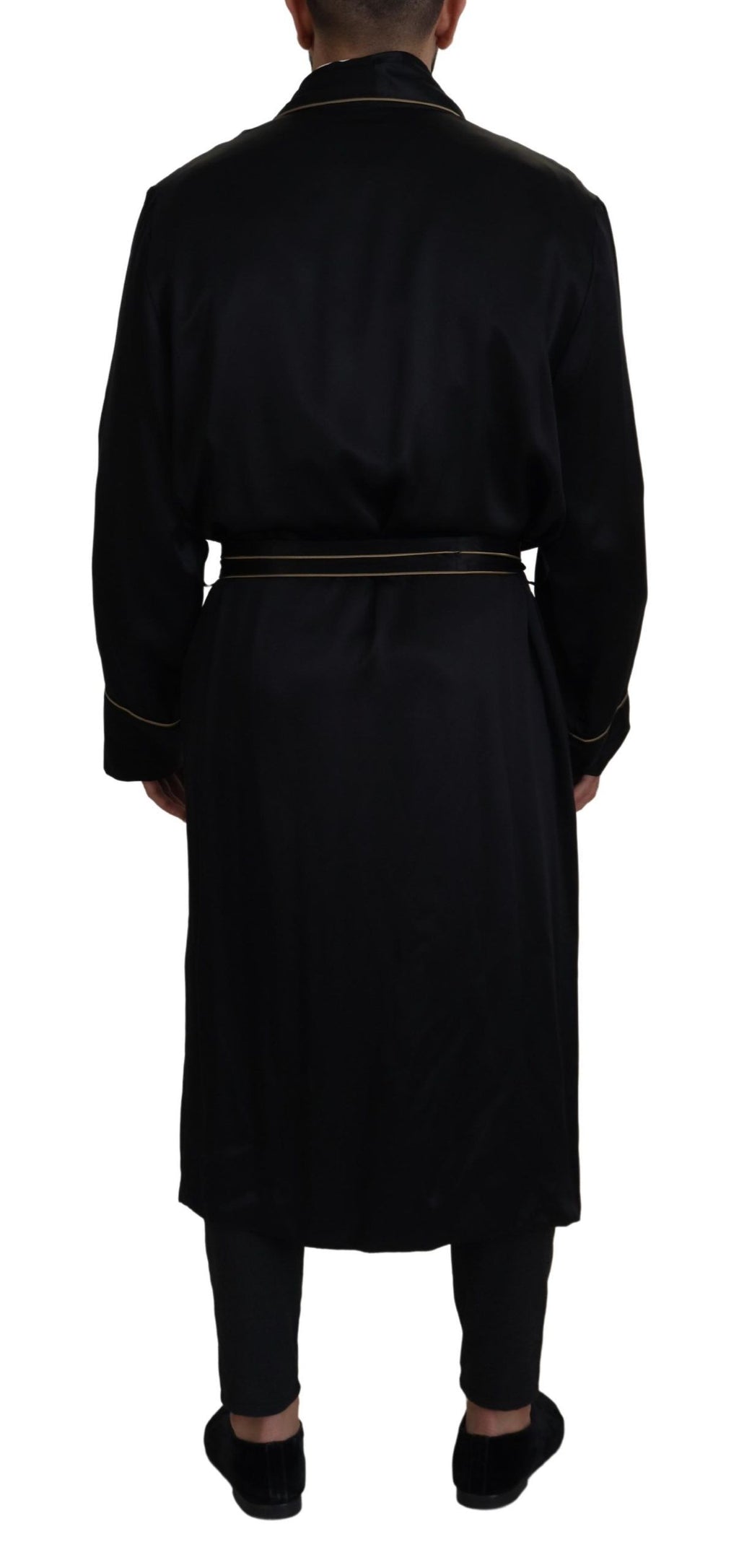 Robe manteau en soie noire Dolce & Gabbana, veste élégante en satin avec ceinture à la taille, vue de face.