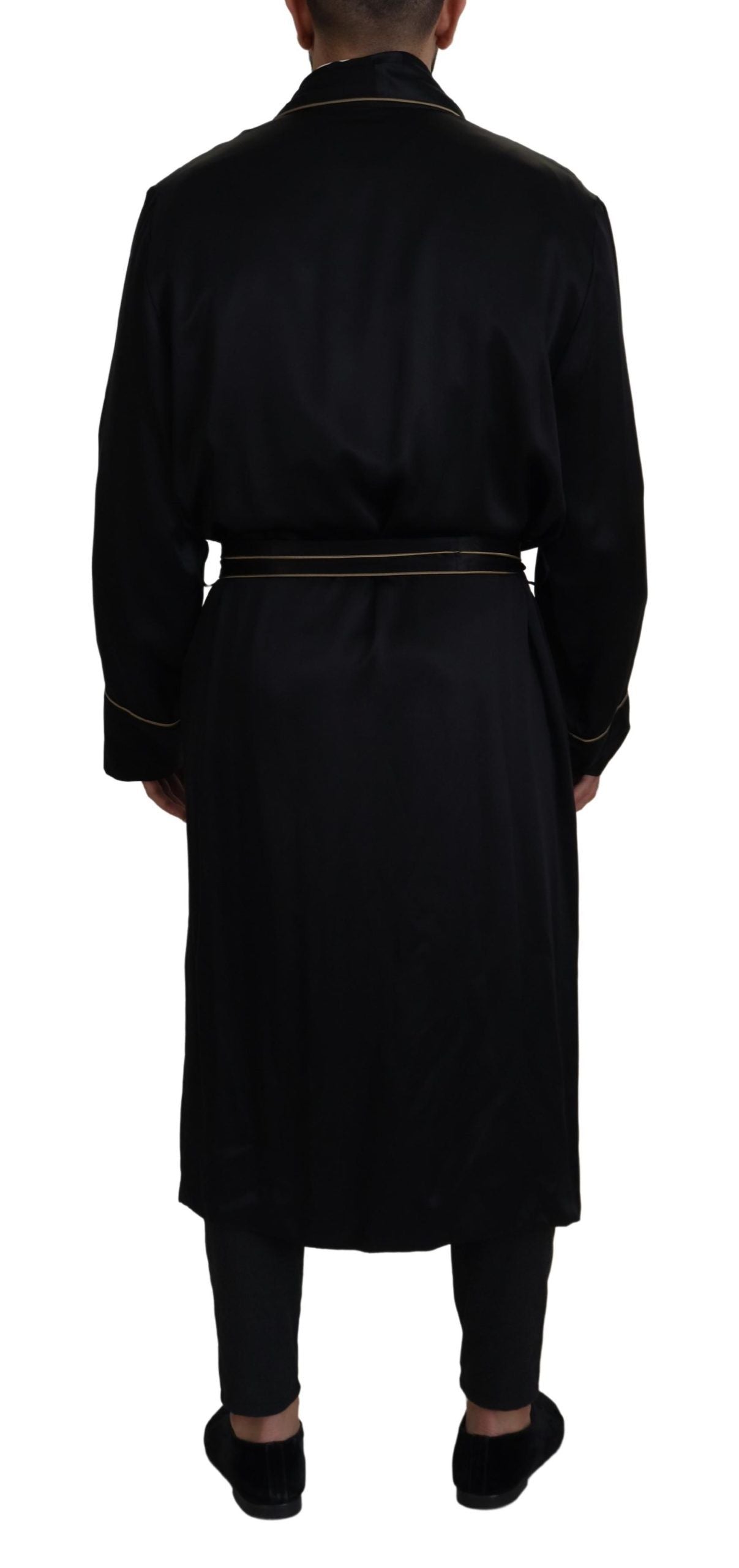 Robe manteau en soie noire Dolce & Gabbana, veste élégante en satin avec ceinture à la taille, vue de face.