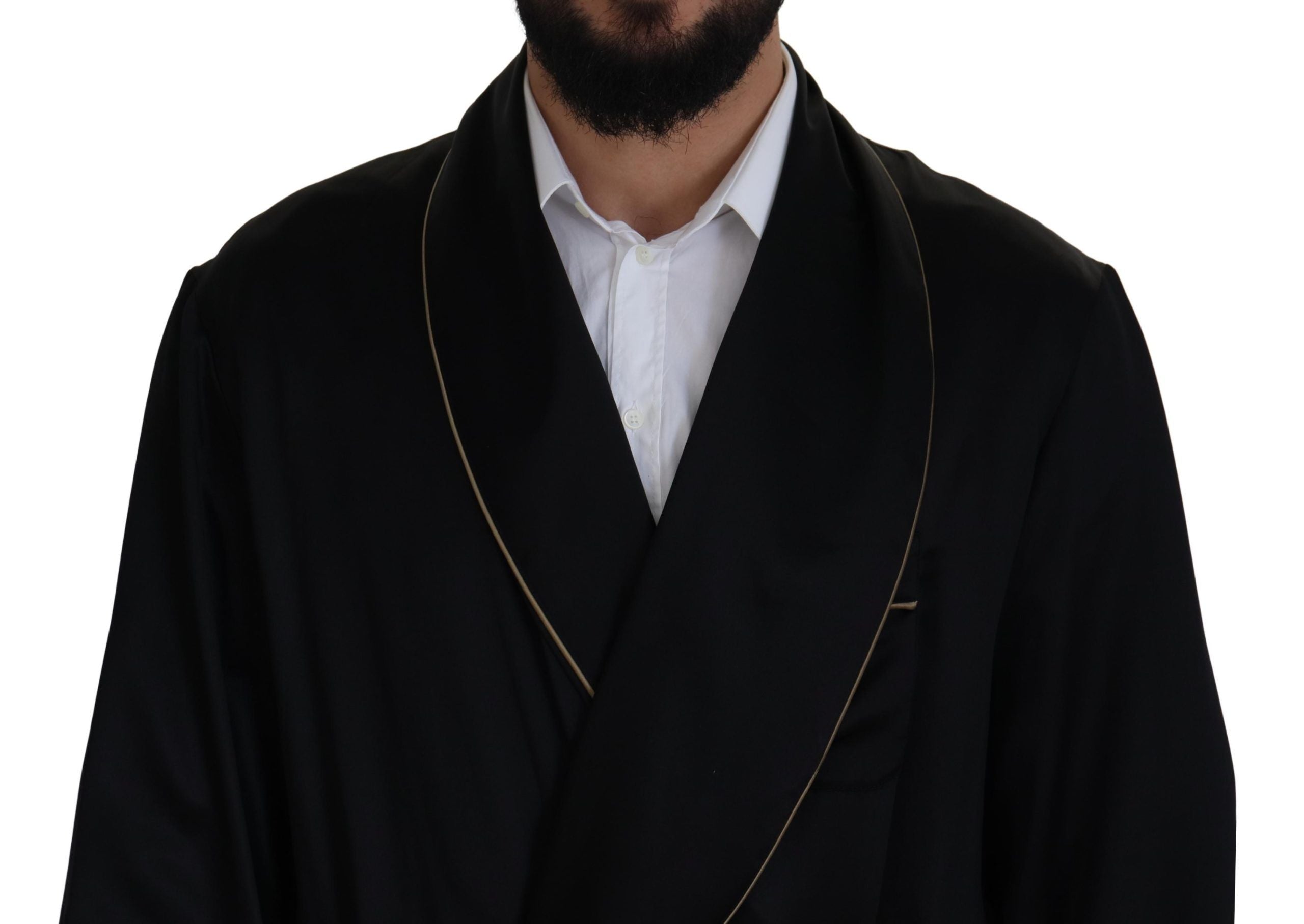 Robe-coat en soie noire de Dolce & Gabbana, veste ample en soie avec ceinture, élégante et sophistiquée.