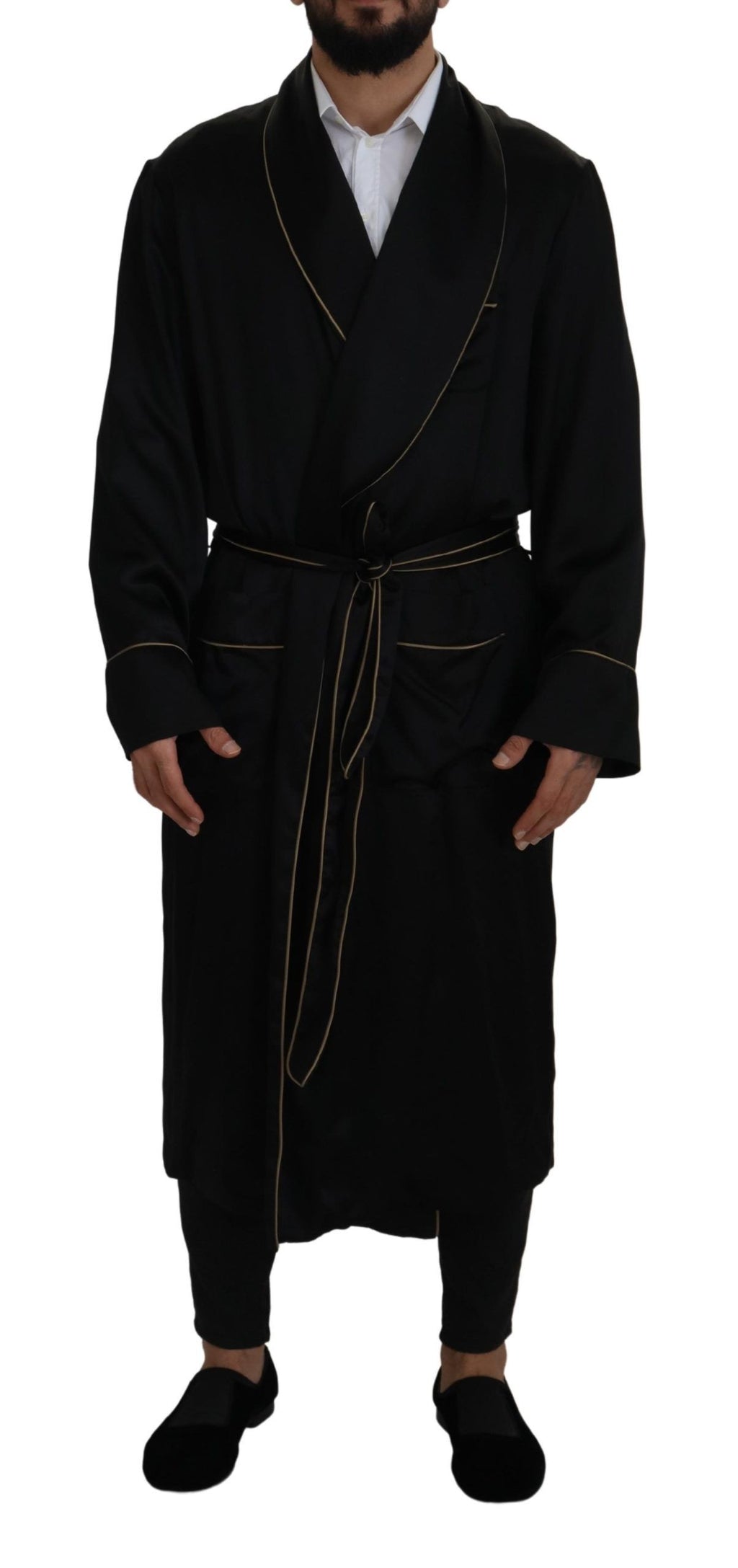 Robe chemise en soie noire Dolce & Gabbana avec ceinture, style manteau wrap élégant et léger, vue de face.