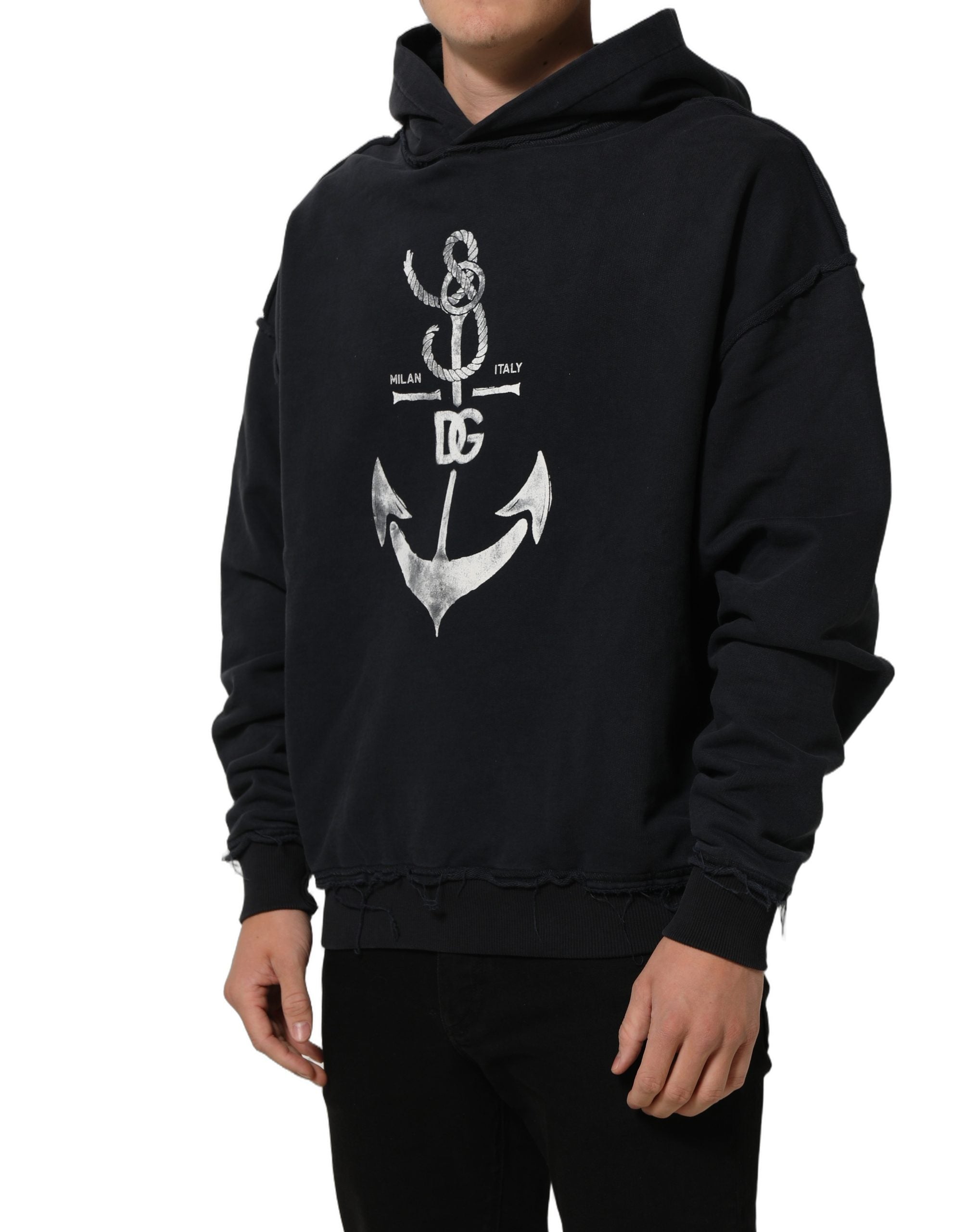 Sweat à capuche Dolce & Gabbana noir avec motif d'ancre, pull en coton décontracté, visible avec capuche et logo discret.