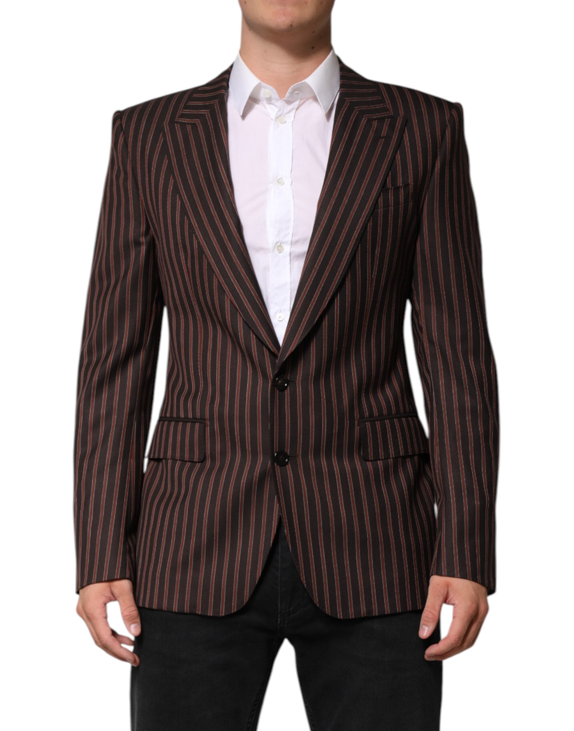 Veste blazer Dolce & Gabbana à rayures noires et brunes, à boutonnière simple, vue de face.