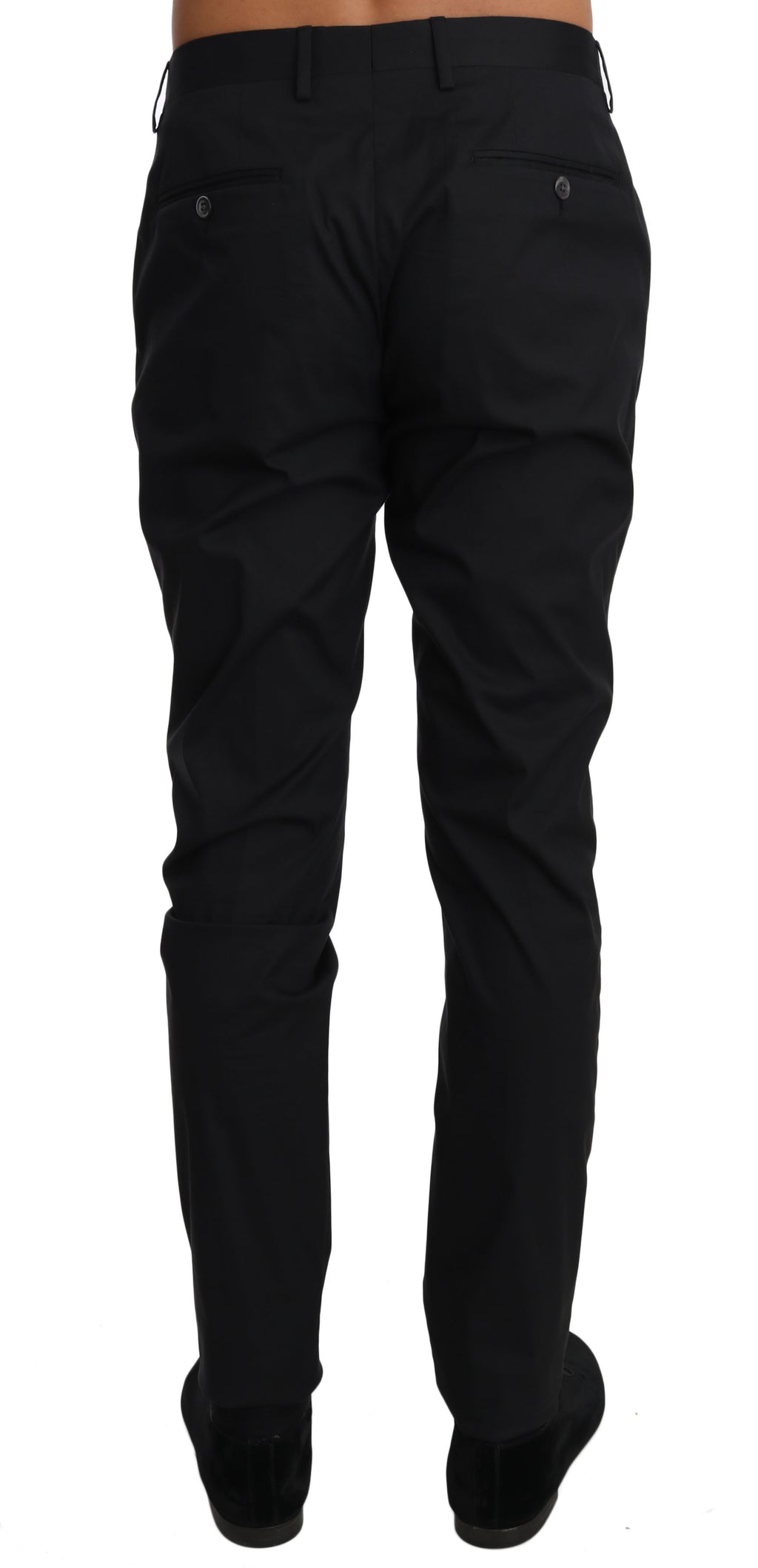 Pantalon noir en coton stretch formel Dolce & Gabbana, vue de face avec ceinture et détails élégants.