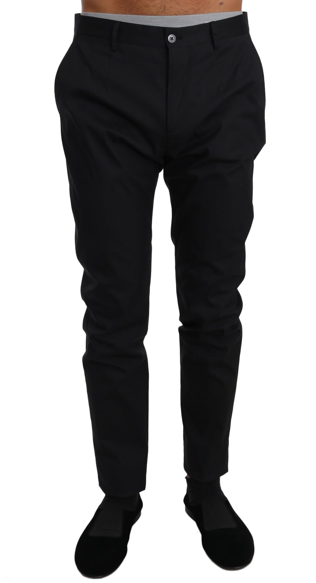 Pantalons formels en coton stretch noir de Dolce & Gabbana, vue de face, avec coupe élégante et détails sophistiqués.