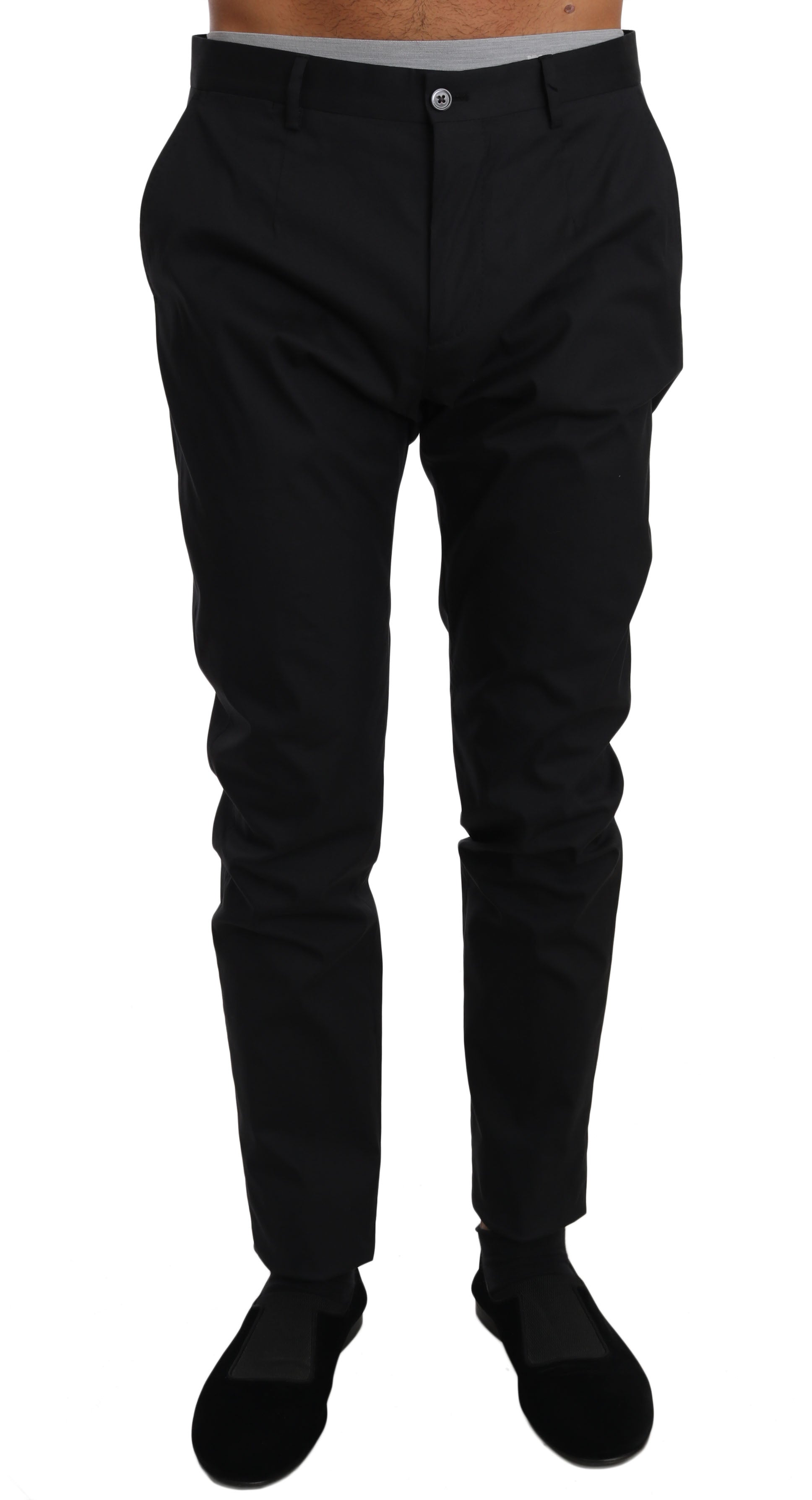 Pantalons formels en coton stretch noir de Dolce & Gabbana, vue de face, avec coupe élégante et détails sophistiqués.
