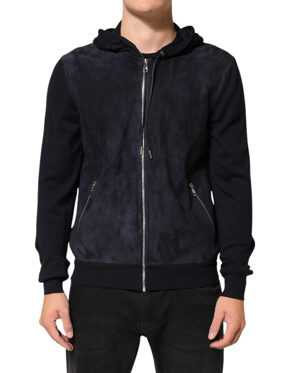 Veste blouson noire en cuir Dolce & Gabbana avec capuche à fermeture éclair complète, détails modernes et style élégant.