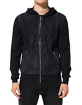 Veste blouson noire en cuir Dolce & Gabbana avec capuche à fermeture éclair complète, détails modernes et style élégant.