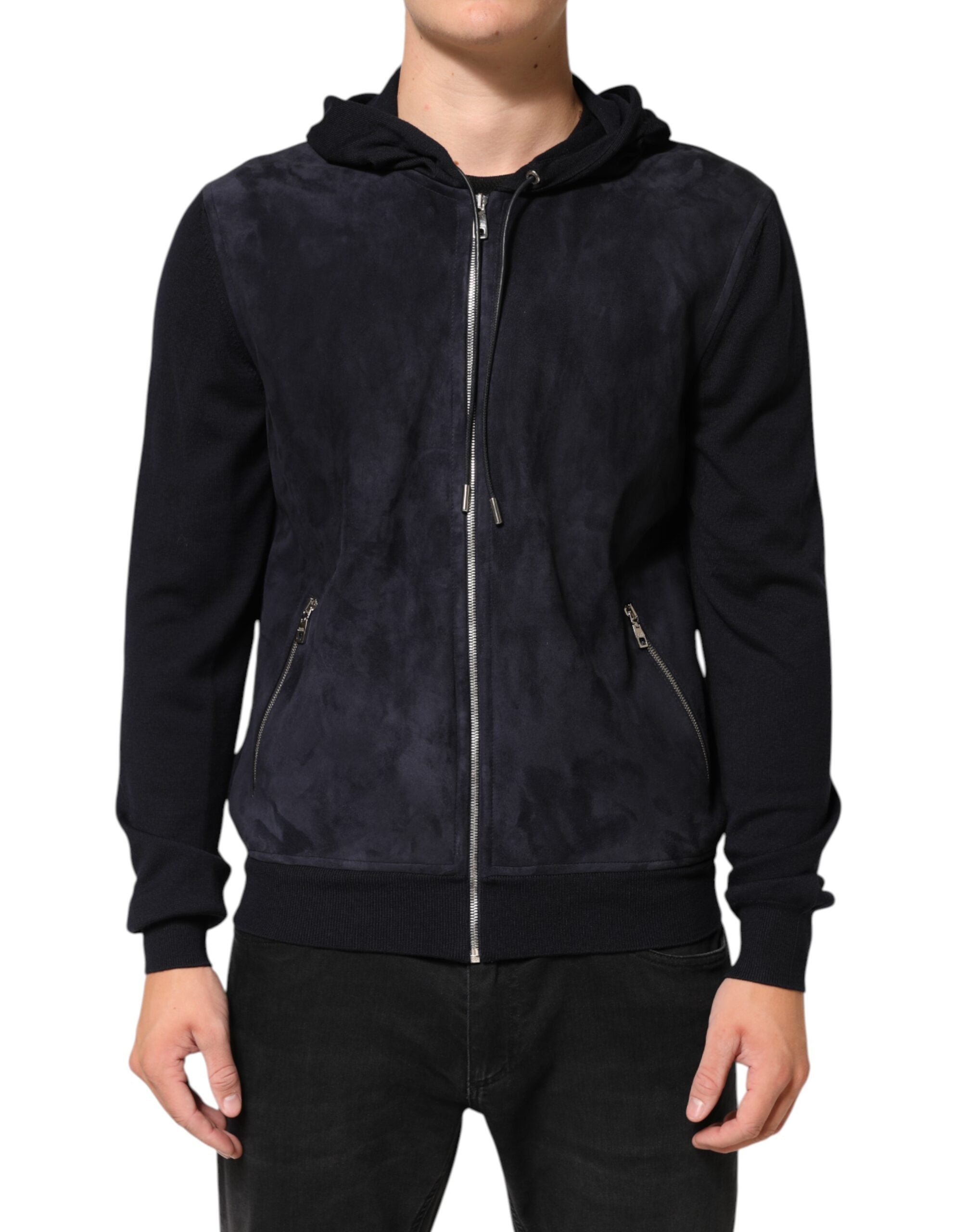 Veste blouson noire en cuir Dolce & Gabbana avec capuche à fermeture éclair complète, détails modernes et style élégant.