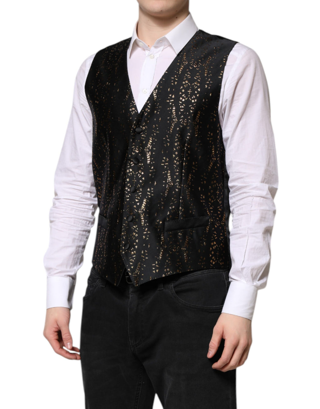 Gilet homme noir Dolce & Gabbana en lurex, costume formel élégant avec détails brillants et coupe ajustée.