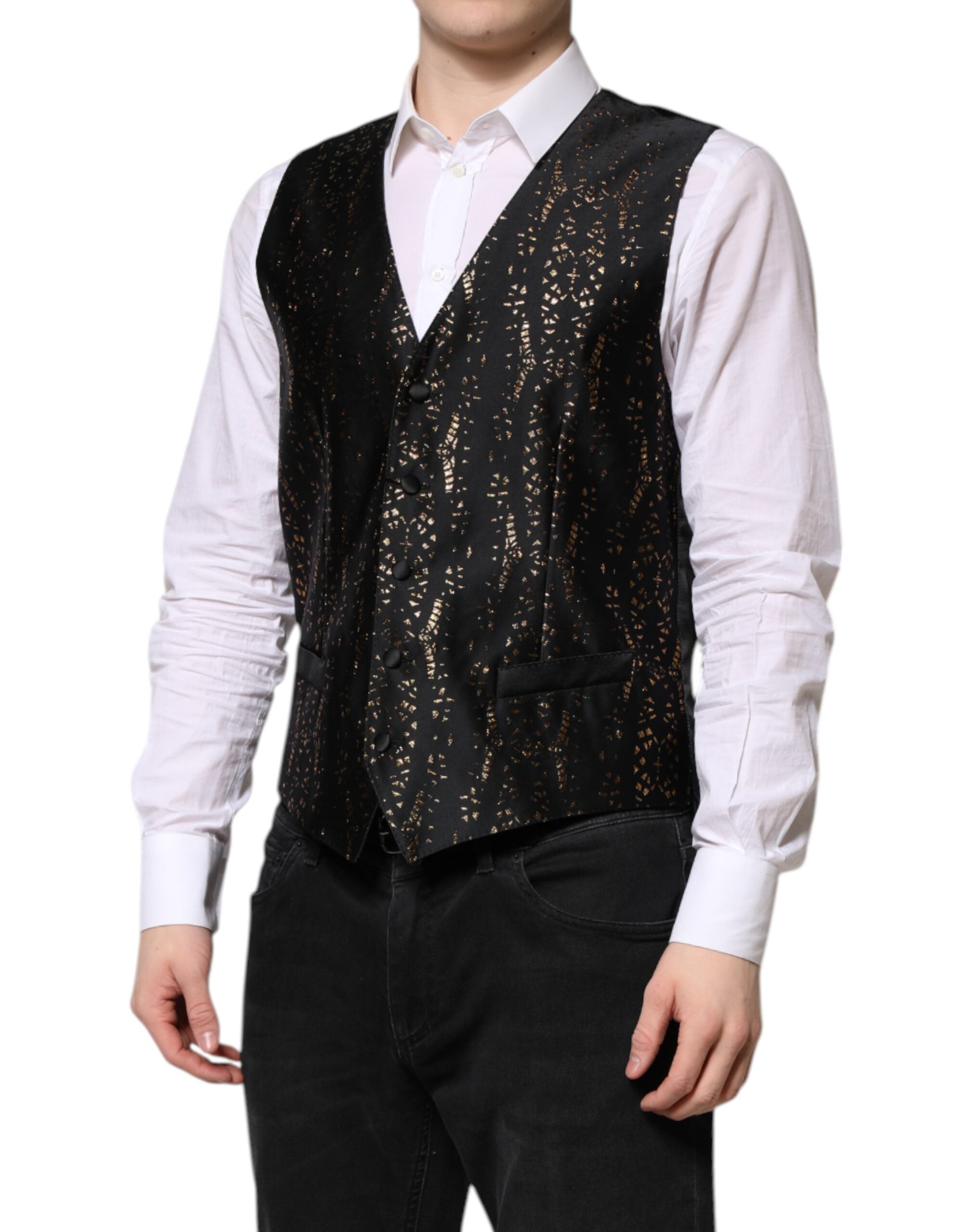 Gilet homme noir Dolce & Gabbana en lurex, costume formel élégant avec détails brillants et coupe ajustée.