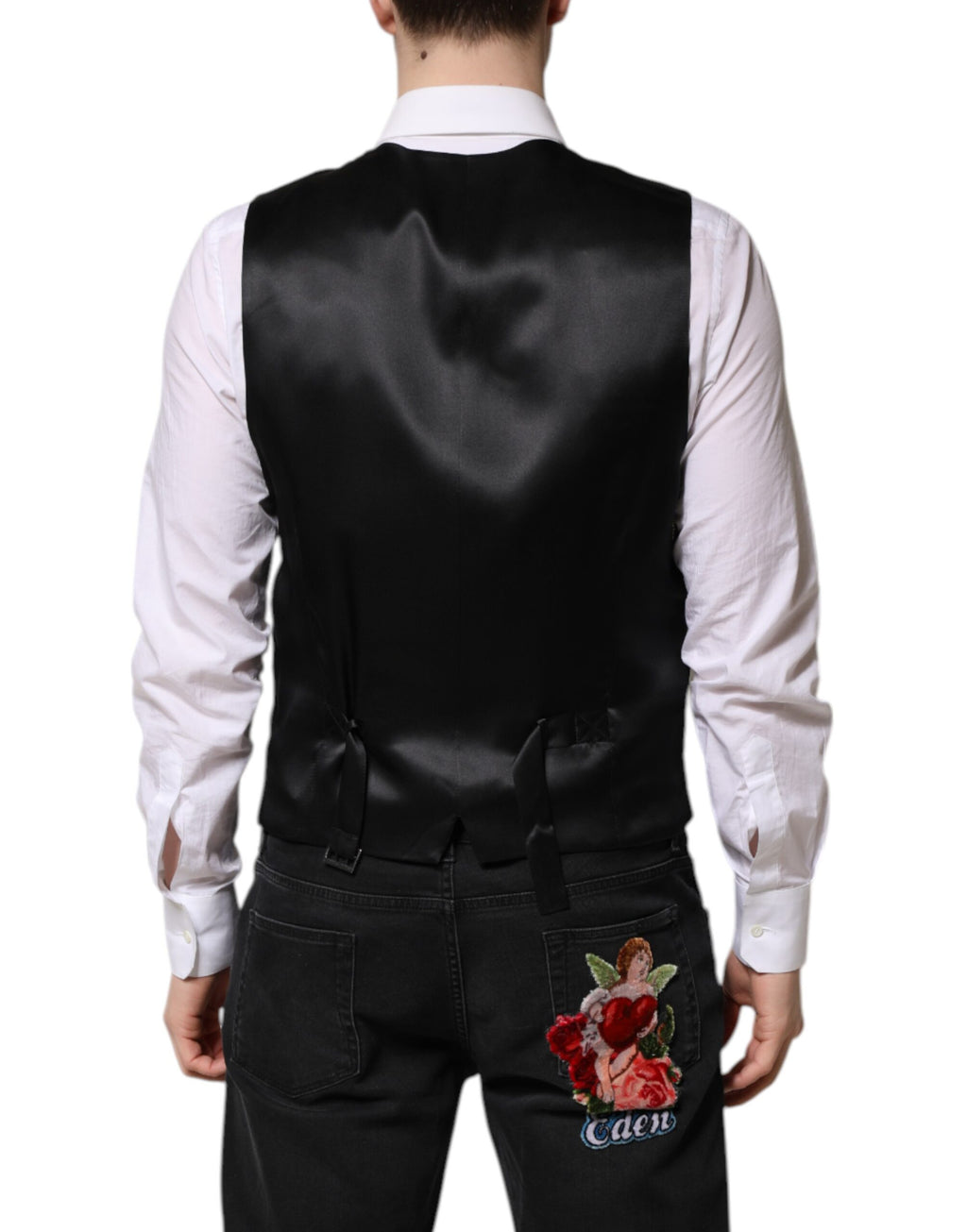 Gilet homme formel noir en lurex Dolce & Gabbana, veste sans manches élégante pour occasions spéciales.