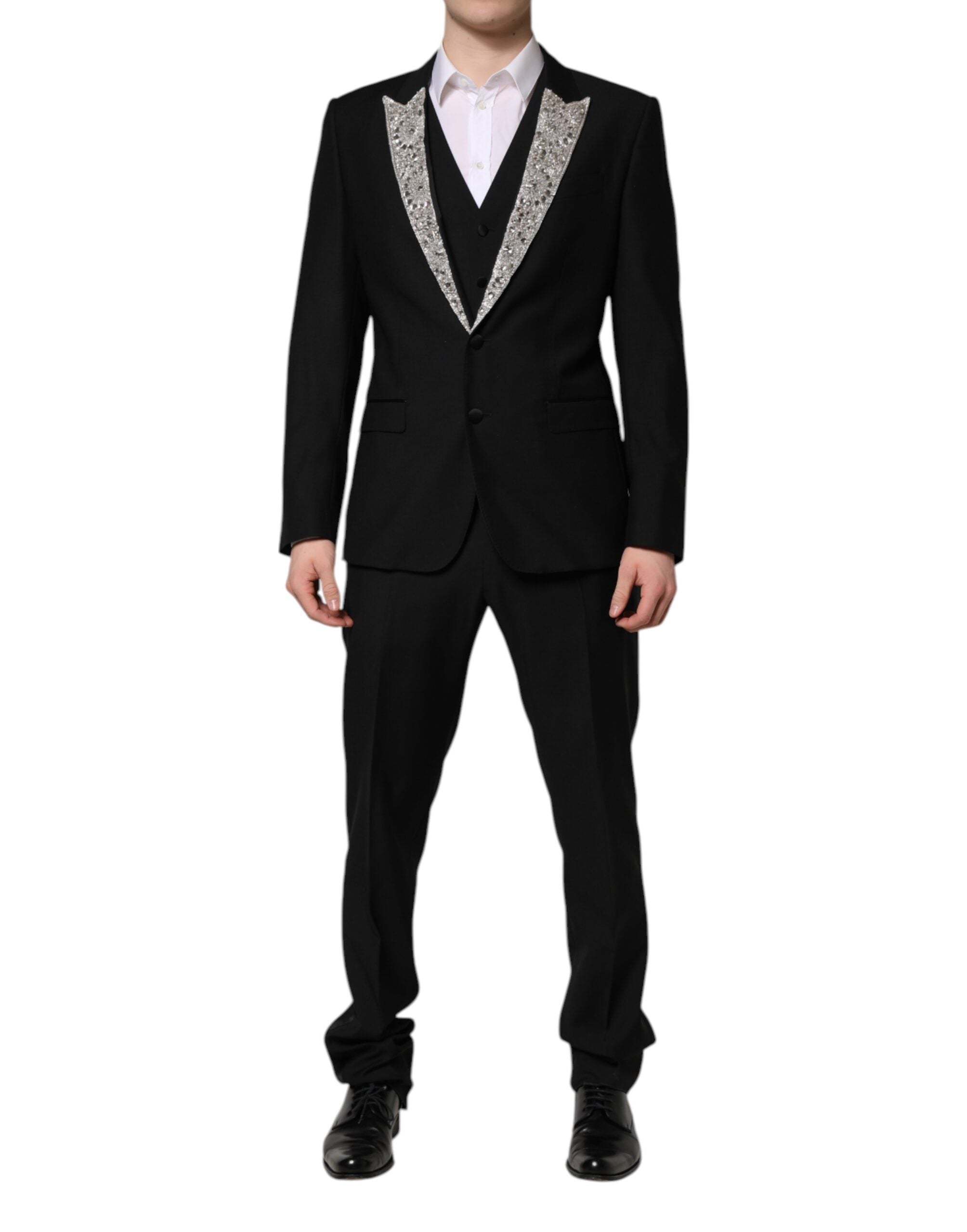 Costume noir Dolce & Gabbana Martini avec cristaux, comprenant trois pièces élégantes, parfait pour une occasion sophistiquée.