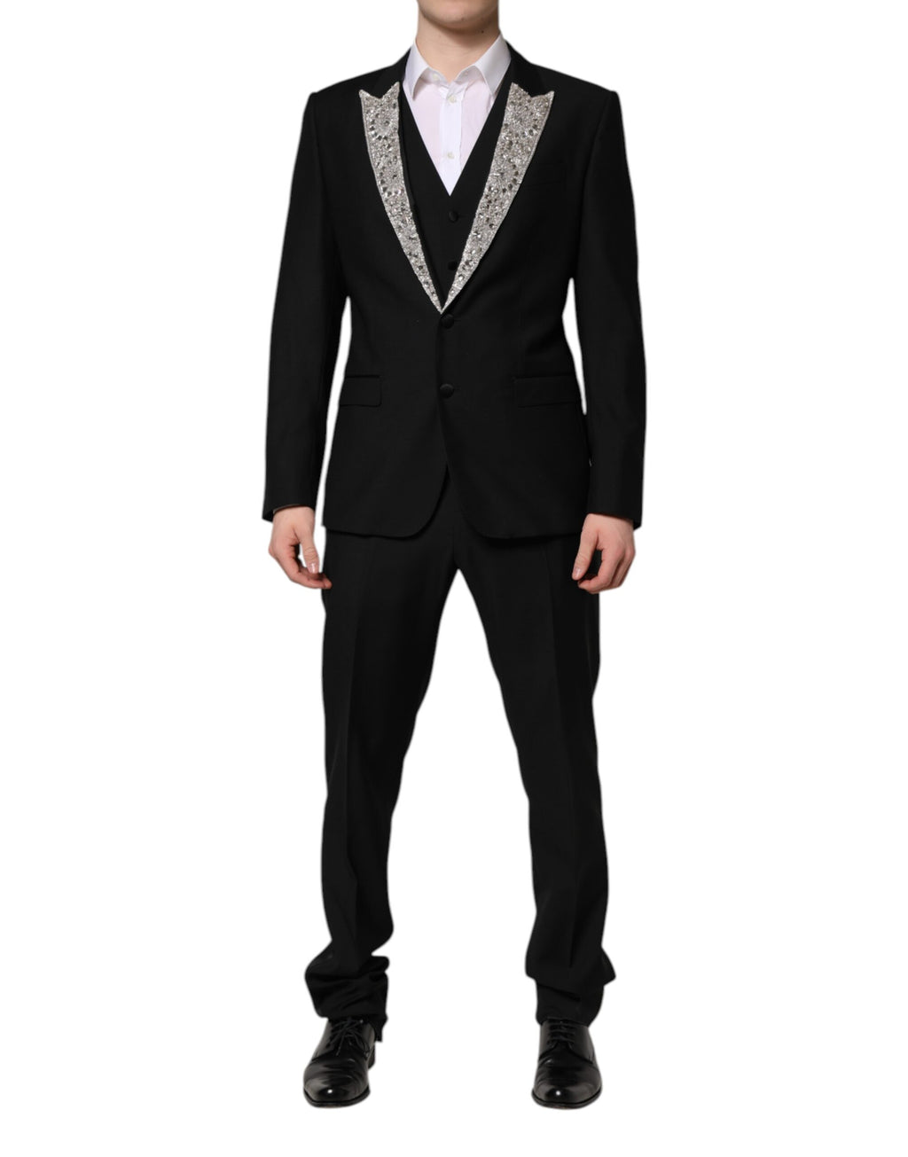 Costume noir Dolce & Gabbana MARTINI avec cristaux, ensemble de 3 pièces, veste, pantalon et chemise élégante.