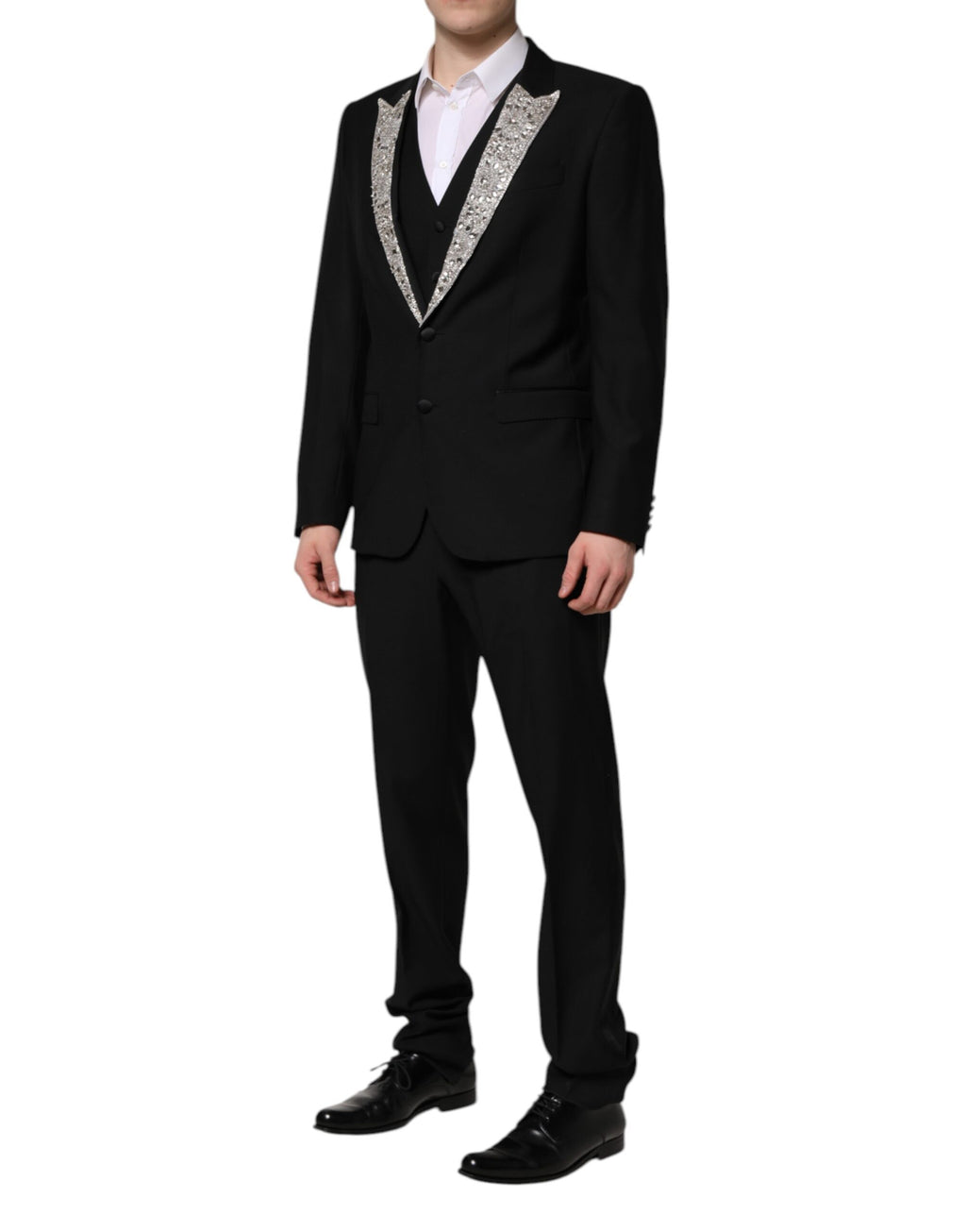Costume 3 pièces Dolce & Gabbana MARTINI noir avec cristaux, élégant et sophistiqué, vue partielle du blazer et pantalon.
