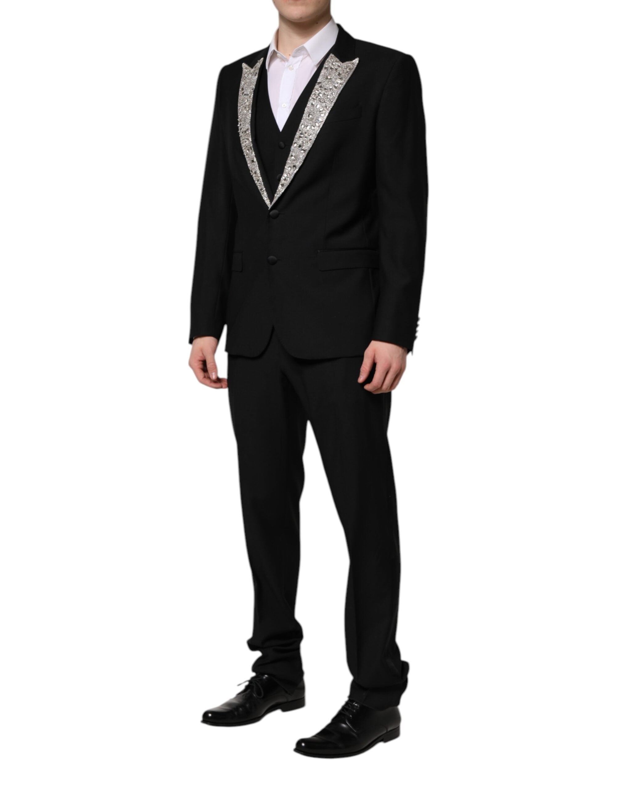 Costume 3 pièces Dolce & Gabbana MARTINI noir avec cristaux, élégant et sophistiqué, vue partielle du blazer et pantalon.