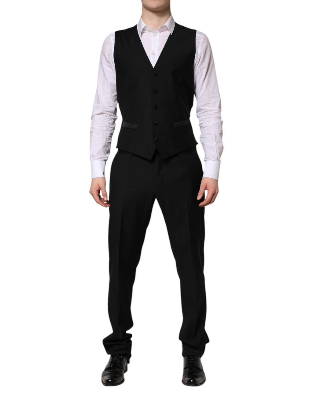Costume noir Dolce & Gabbana Martini en cristal, ensemble de 3 pièces avec veste, pantalon et chemise élégante.