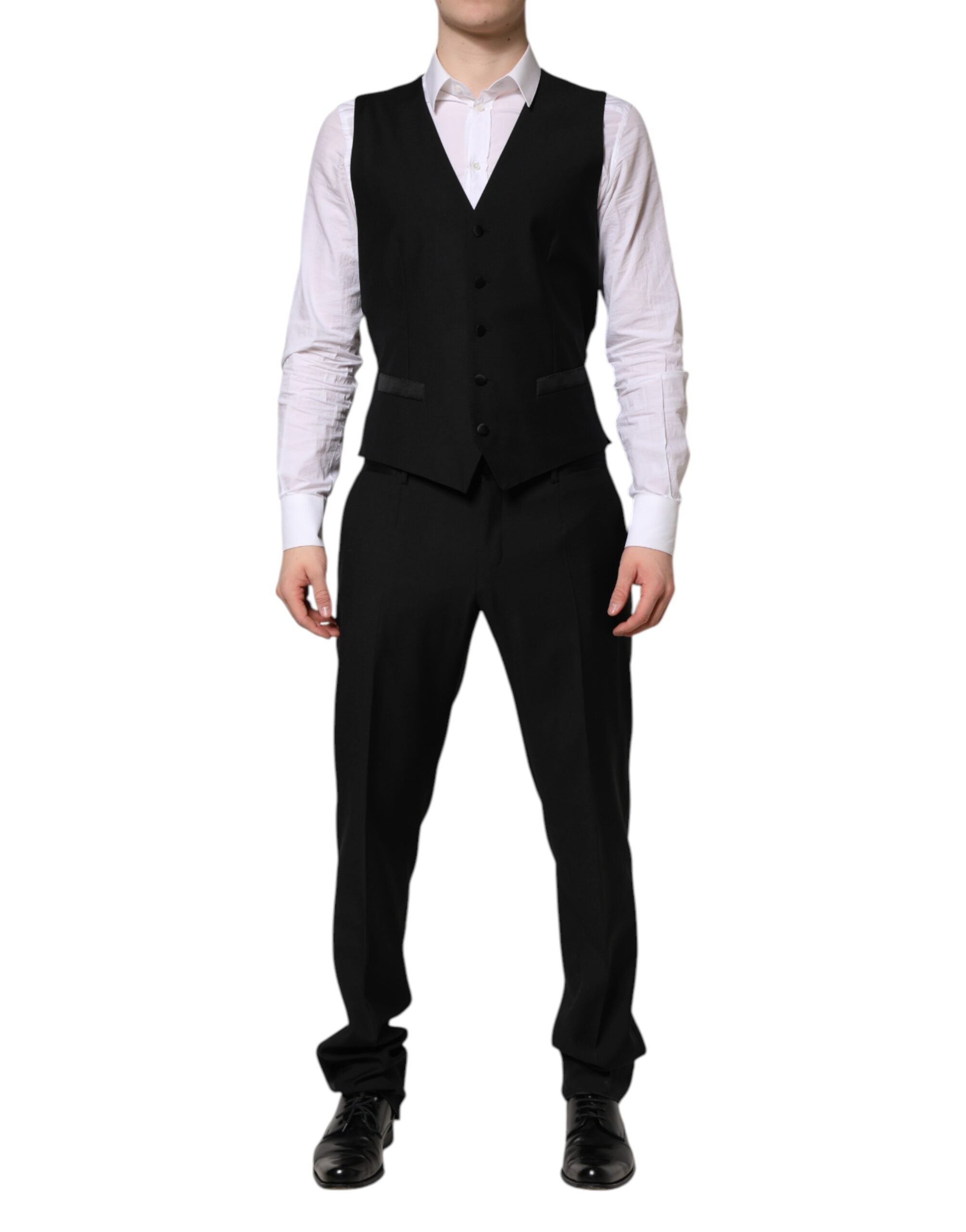 Costume noir Dolce & Gabbana Martini en cristal, ensemble de 3 pièces avec veste, pantalon et chemise élégante.
