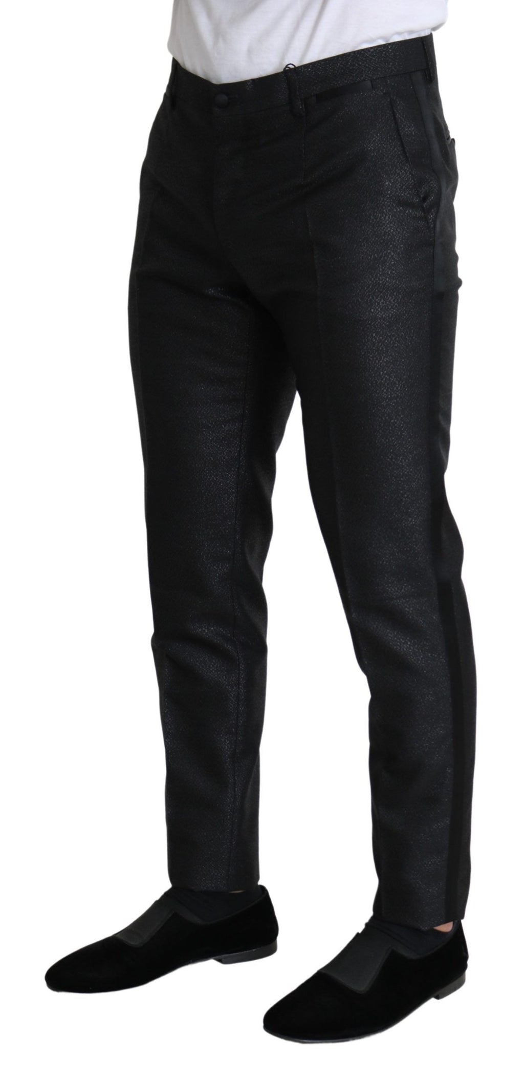 Robe pantalon skinny métallique noire Dolce & Gabbana, style élégant et moderne avec finition brillante.