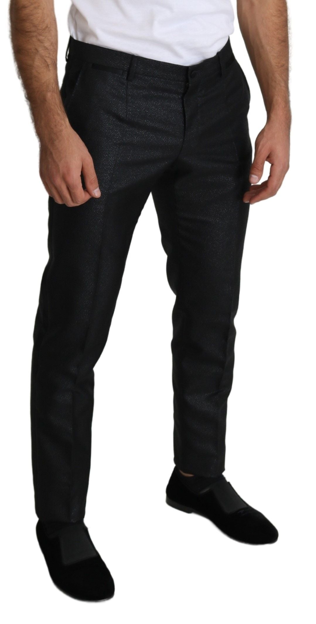 Pantalon slim noir métallique Dolce & Gabbana, style robe skinny avec détails brillants et coupe élégante.