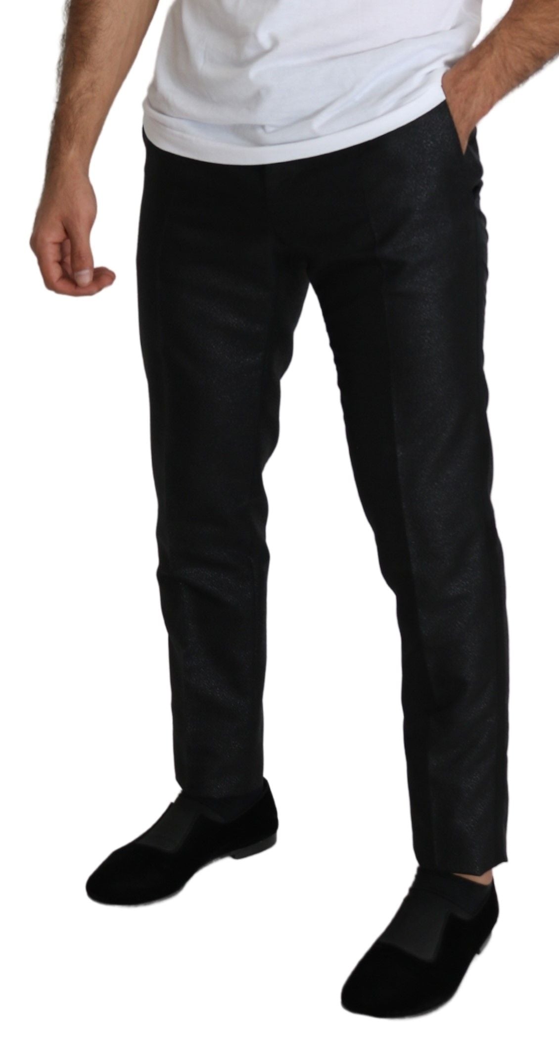 Pantalon skinny noir métallique Dolce & Gabbana, robe-pantalon élégante avec finition brillante et coupe ajustée.