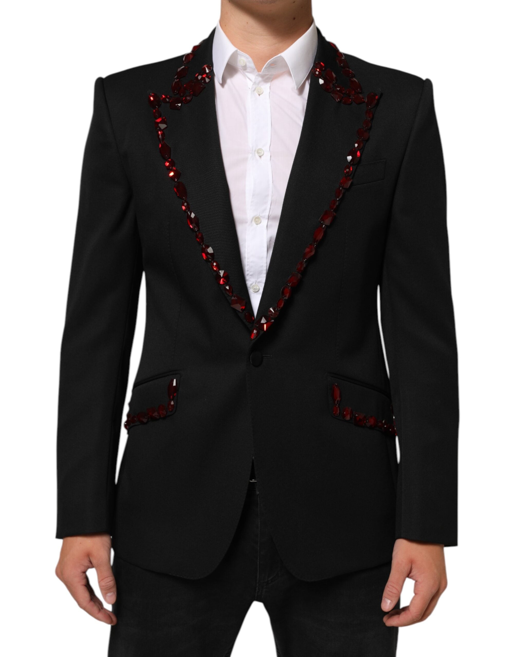 Costume homme noir Dolce & Gabbana SICILIA avec cristaux, blazer élégant et sophistiqué, visible avec détails brillants.