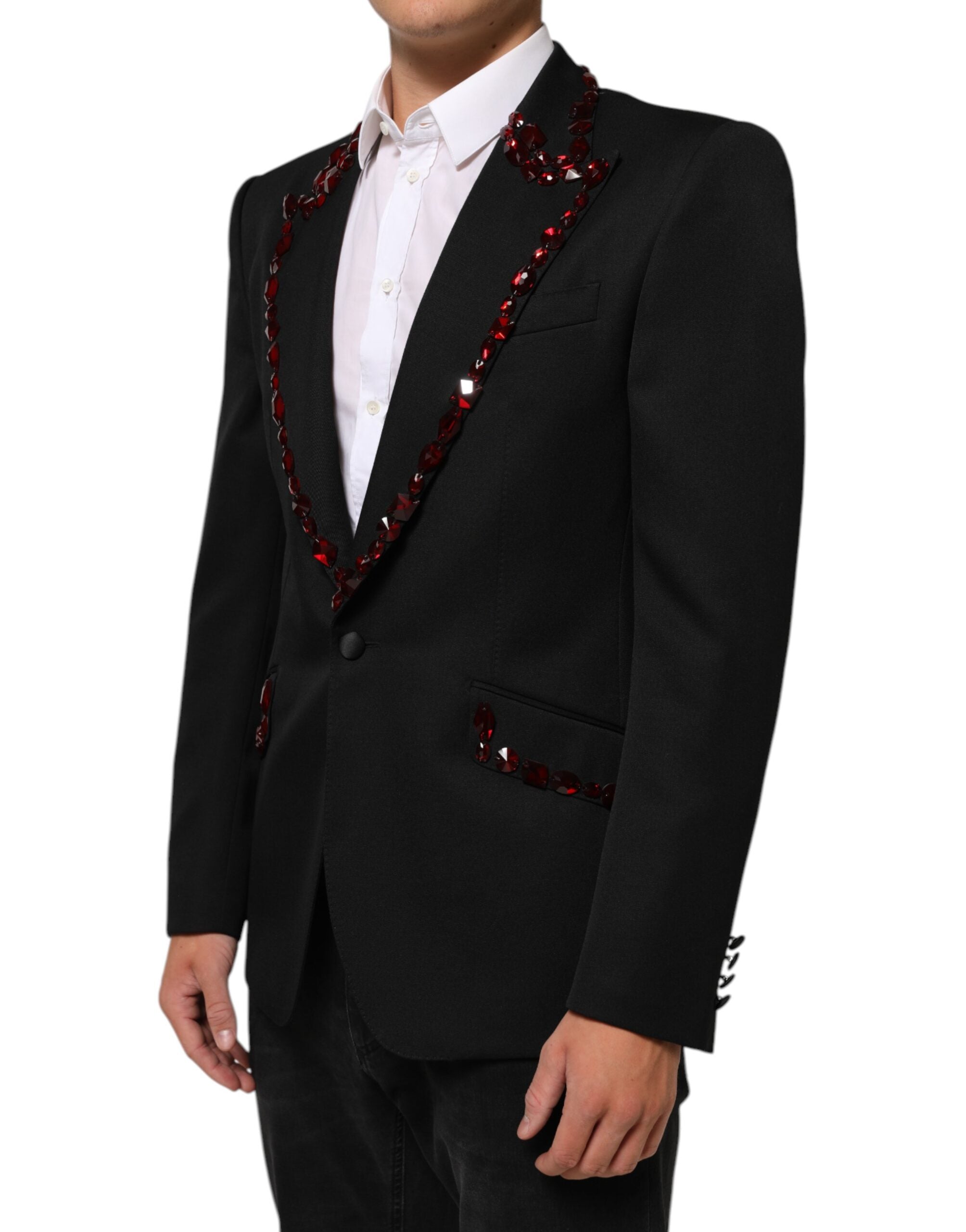 Blazer homme noir Dolce & Gabbana Sicilia orné de cristaux, élégant et sophistiqué, avec détails en satin et coupe moderne.