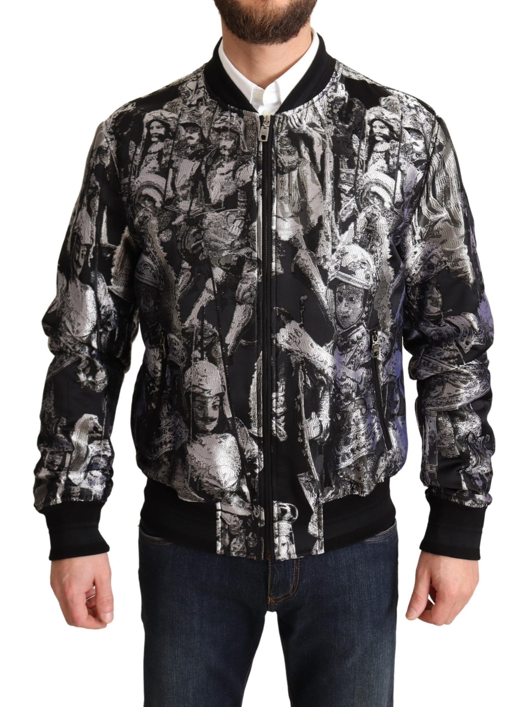 Veste bomber noire et argent Dolce & Gabbana avec motif Puppi, détails stylés et design élégant visible sur l'image.