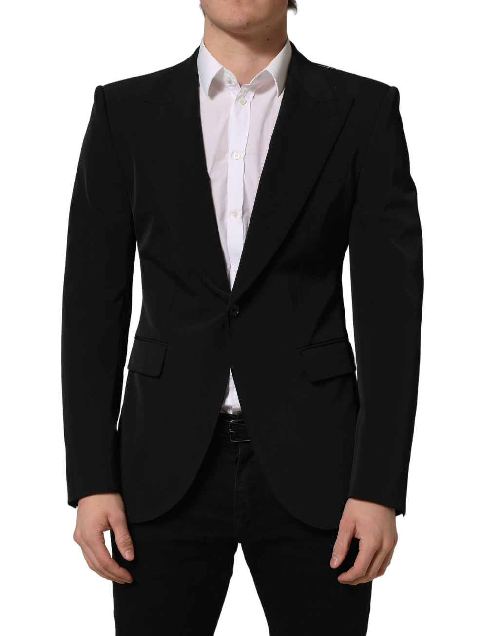 Manteau blazer noir Dolce & Gabbana à un bouton, coupe simple et élégante, porté sur un mannequin.