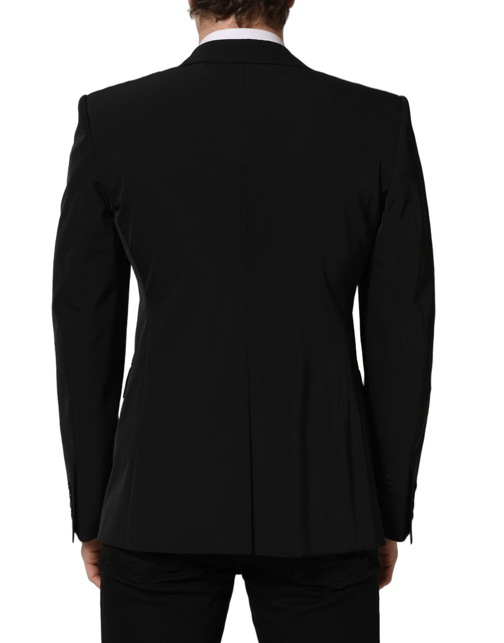Veste blazer noire Dolce & Gabbana à un bouton, coupe classique, en tissu élégant, portée ouverte ou boutonnée.