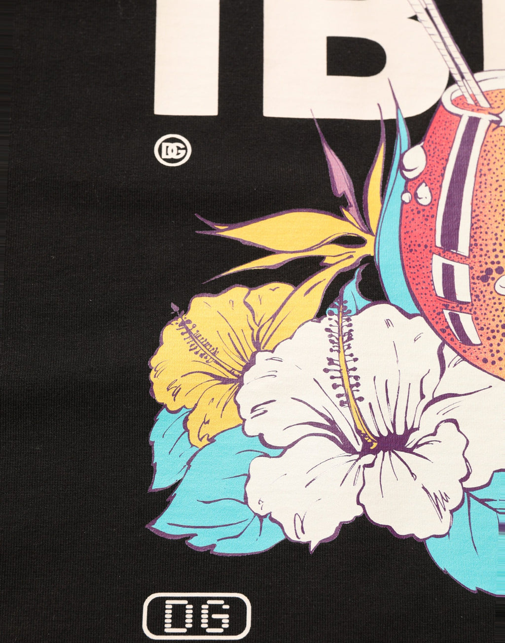 T-shirt homme Dolce & Gabbana noir tropical "IBIZA" à col rond, motif tropical, style décontracté.