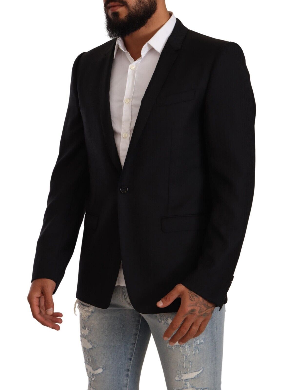 Costume en laine noire Dolce & Gabbana avec veste dorée à boutons simple boutonnage, vue de l'avant.