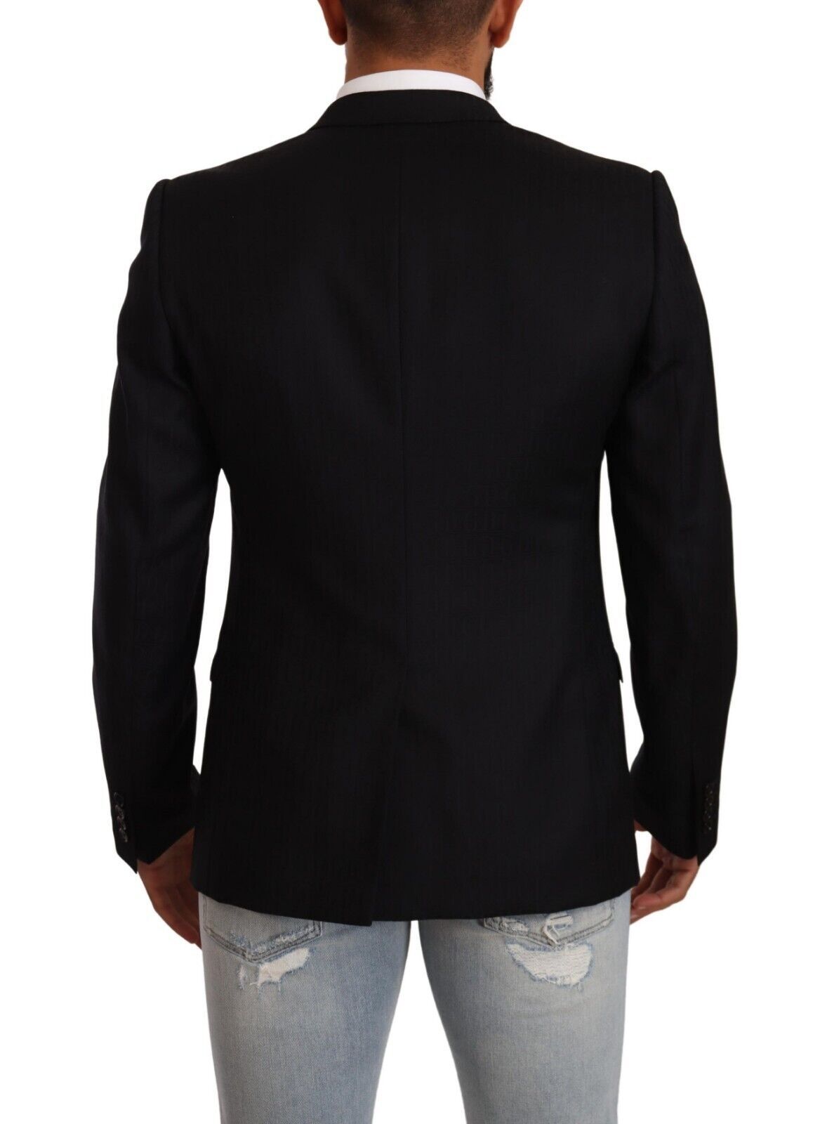Costume noir en laine Dolce & Gabbana avec veste à boutonnière simple et détails dorés, vue de face sur mannequin.