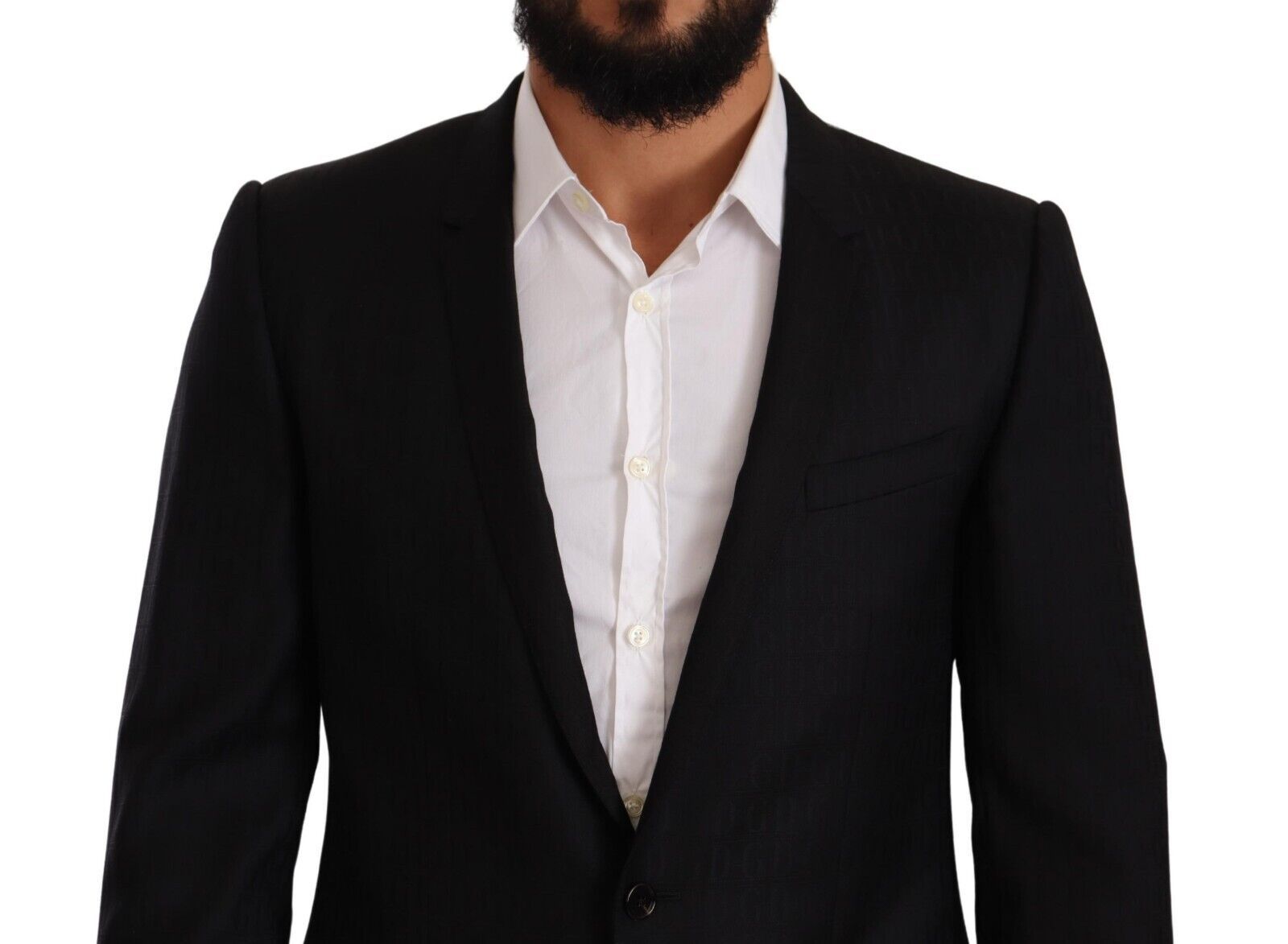 Costume noir en laine Dolce & Gabbana avec veste dorée à double boutonnage, élégance masculine.